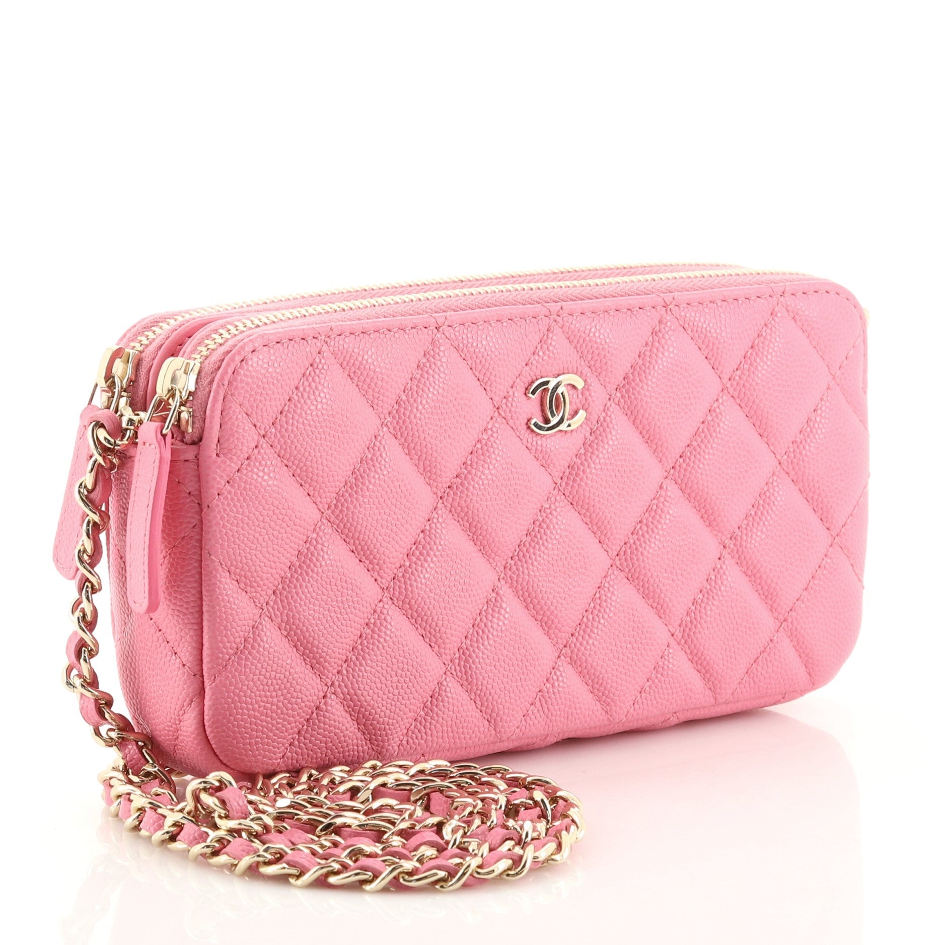 Double Zip Clutch with Chain Quilted Caviar