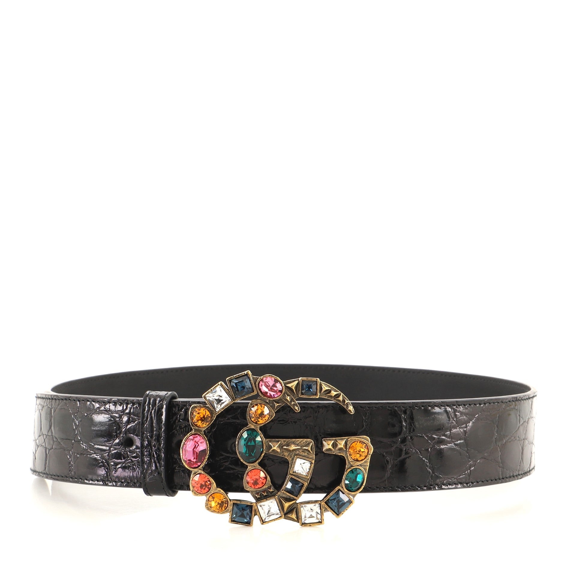 GG Marmont Belt Crocodile Embossed Leather with Multicolored Crystals Wide 80