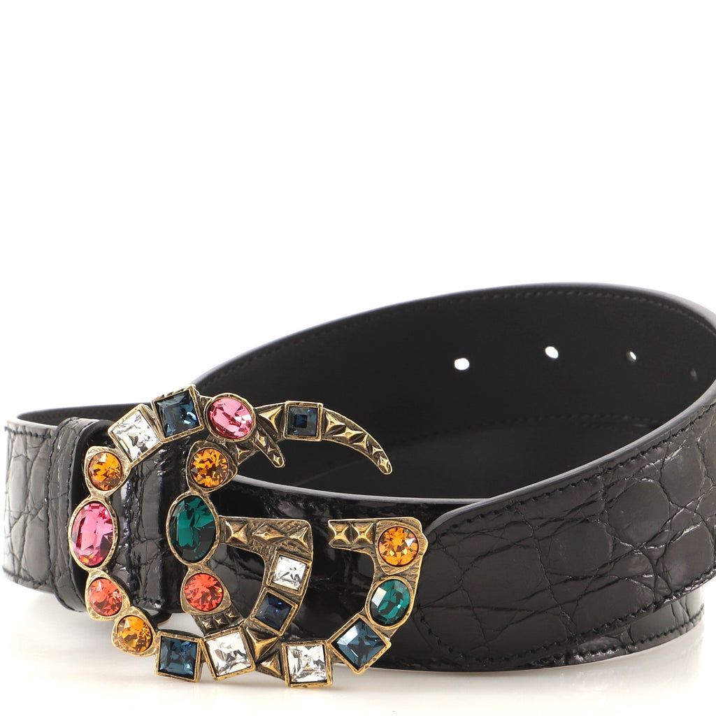 GG Marmont Belt Crocodile Embossed Leather with Multicolored Crystals Wide 80