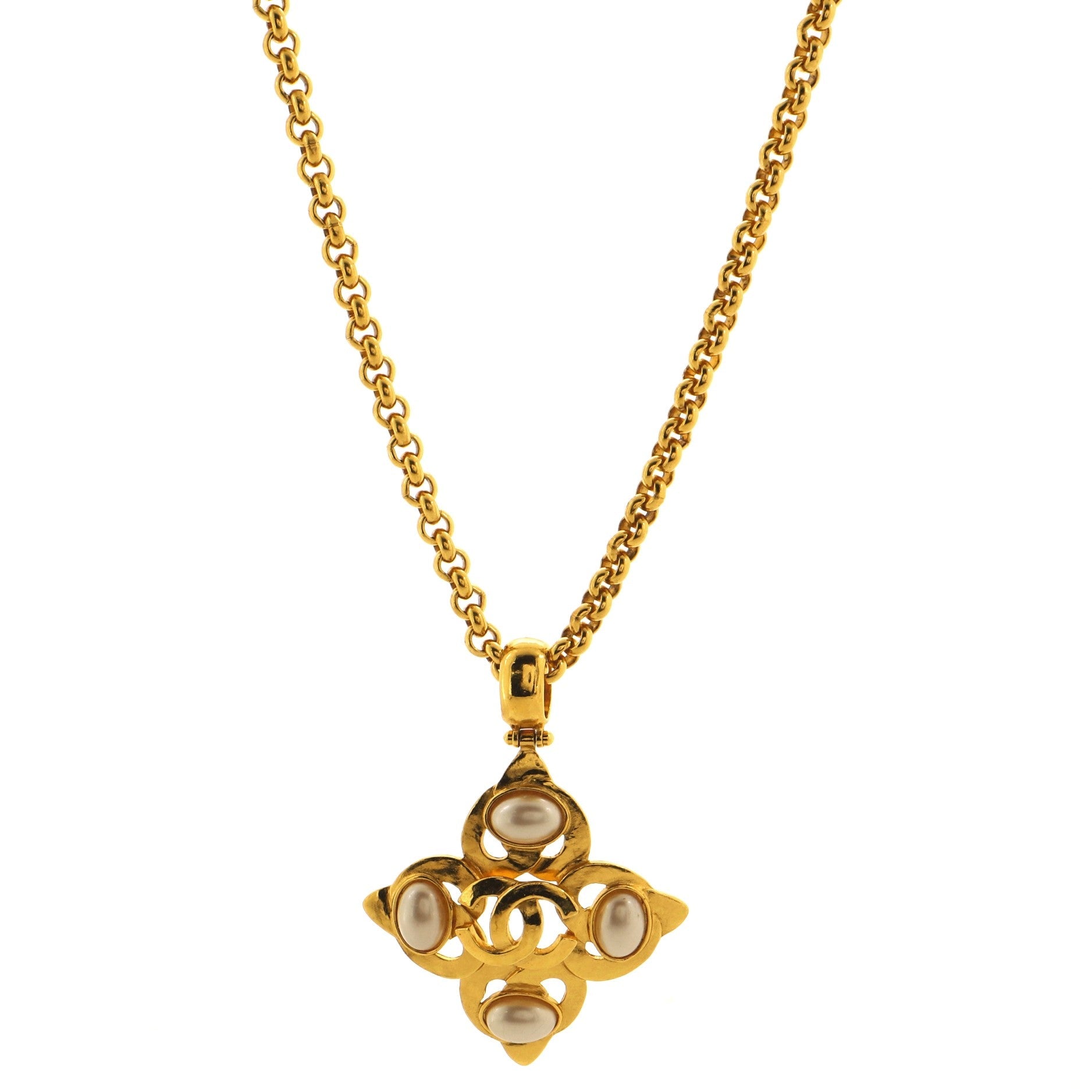 Vintage CC Cutout Cross Pendant Necklace Metal with Faux Pearls