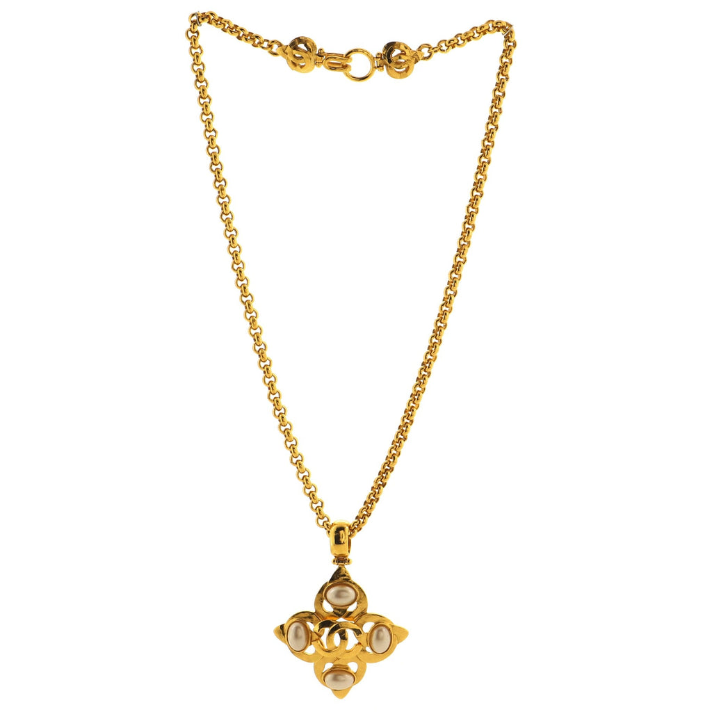 Vintage CC Cutout Cross Pendant Necklace Metal with Faux Pearls
