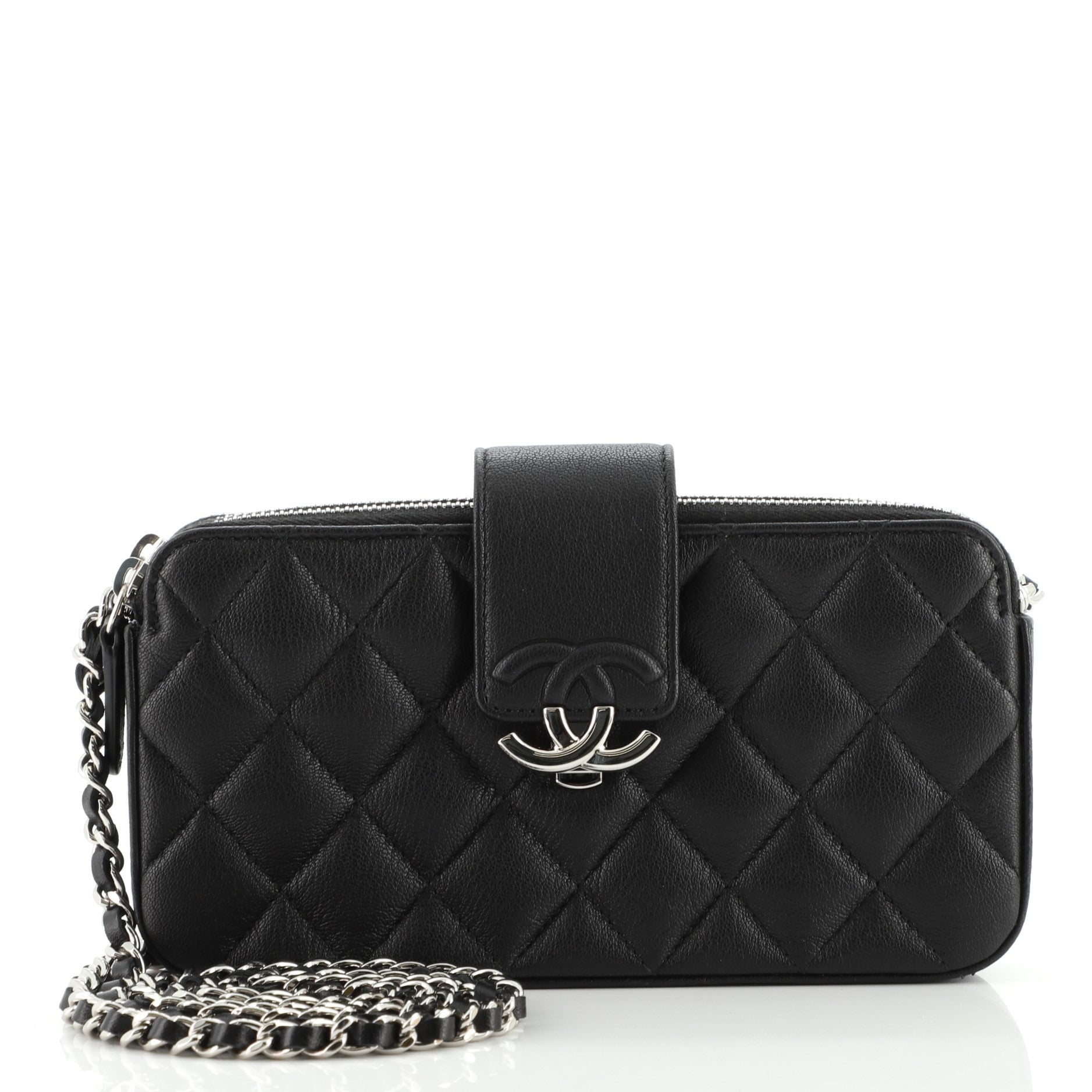 CC Box Double Zip Clutch with Chain Quilted Calfskin