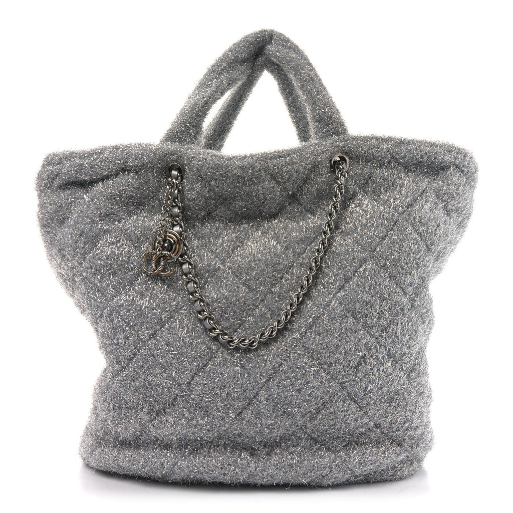 Knit Metallic Lambskin Large Shopping Tote Silver