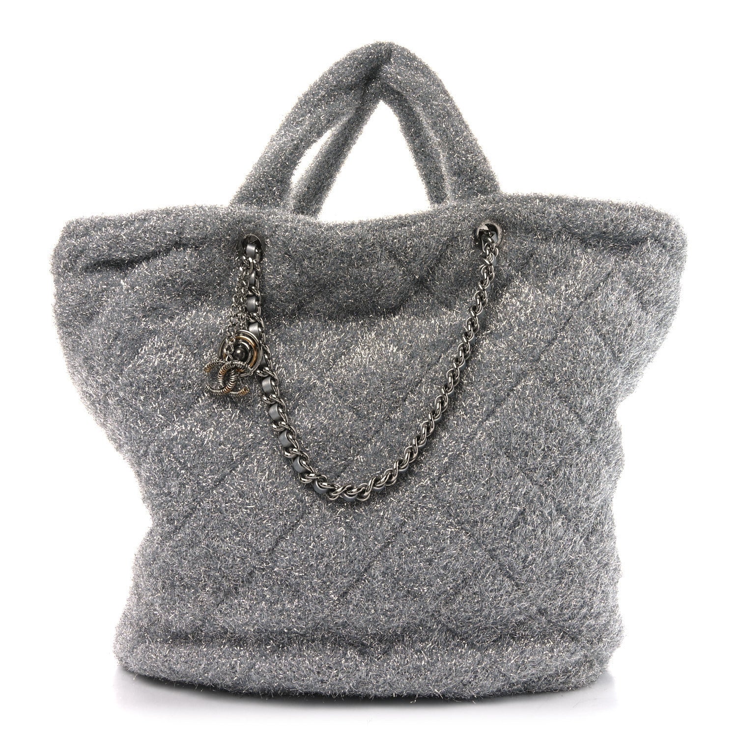 Knit Metallic Lambskin Large Shopping Tote Silver