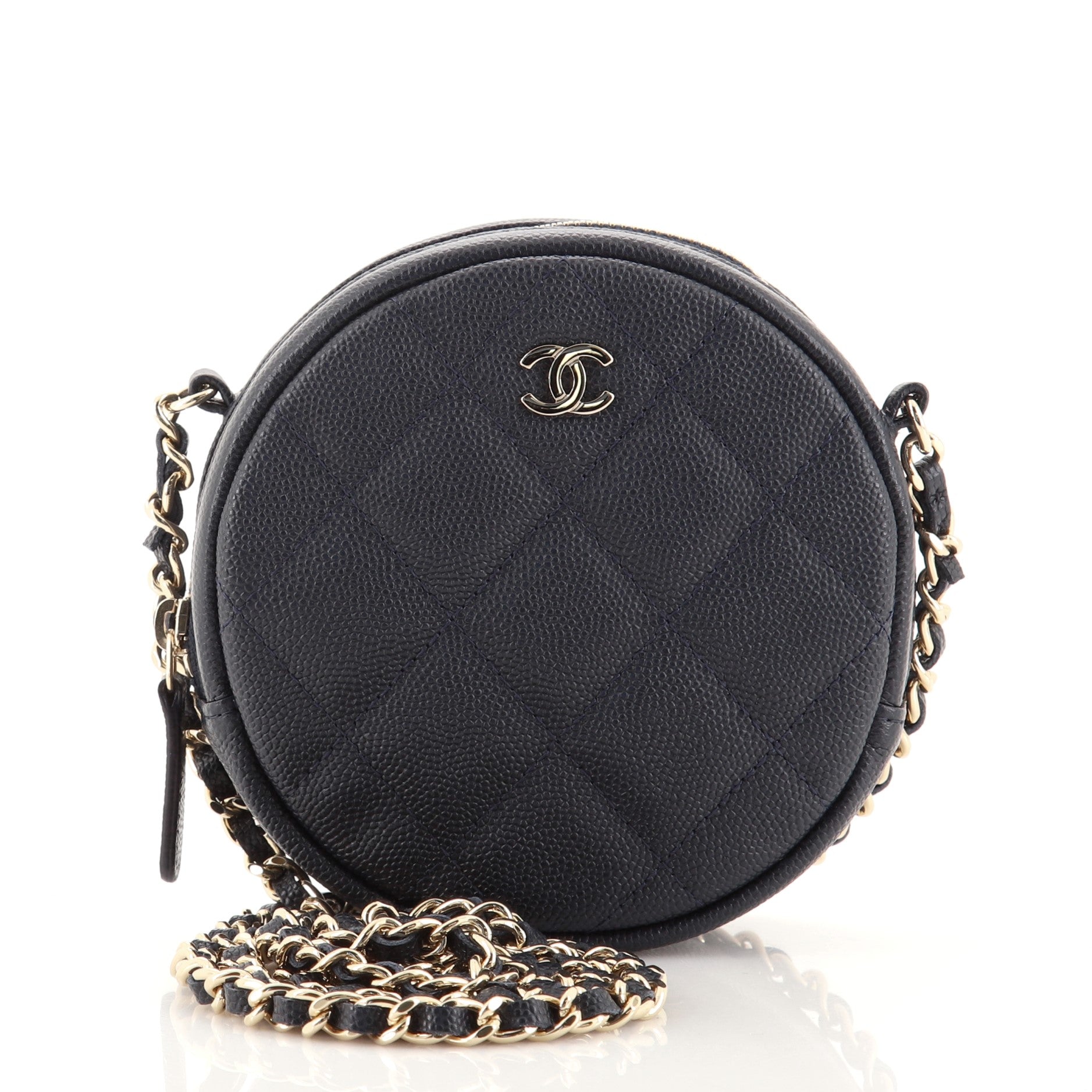 Round Clutch with Chain Quilted Caviar Mini