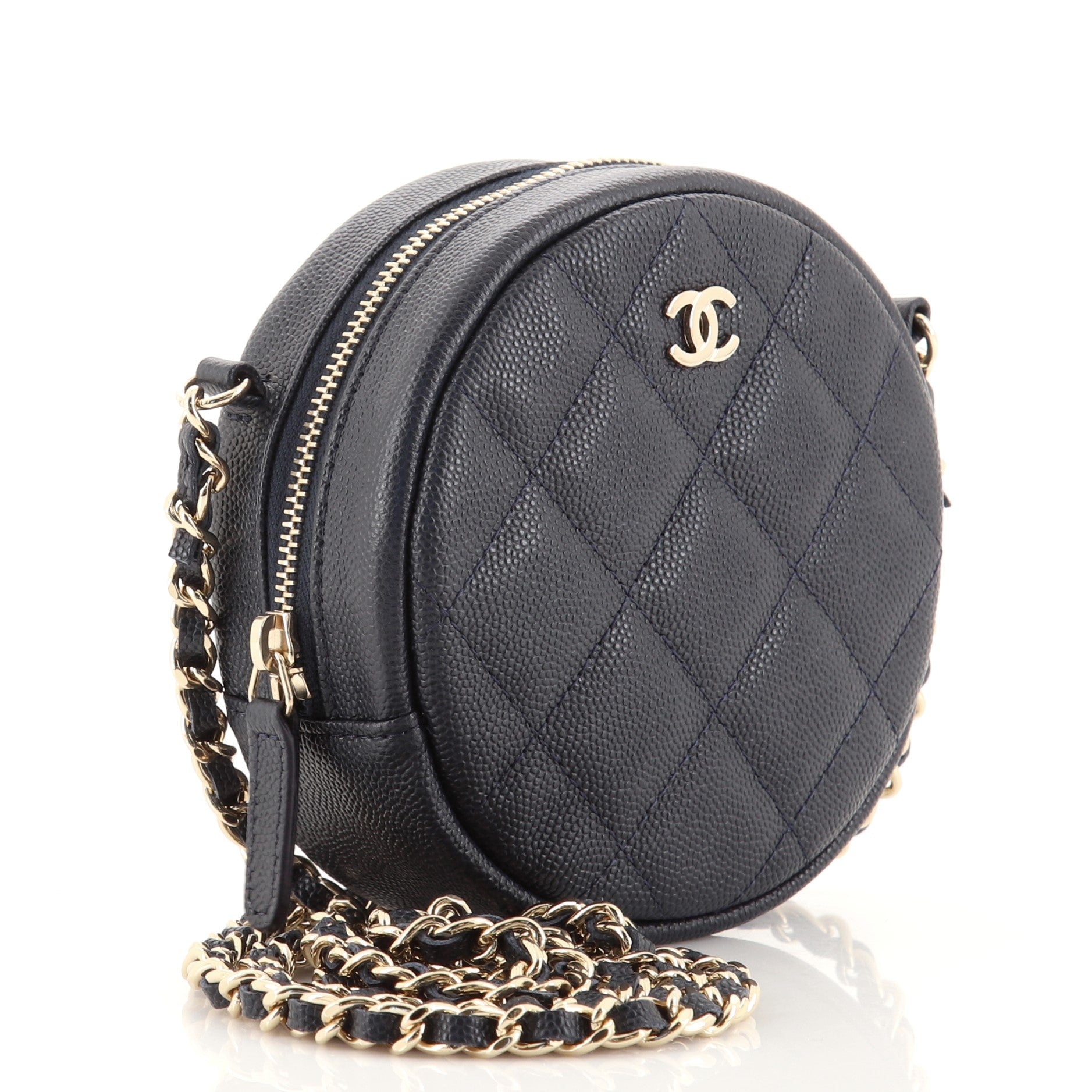 Round Clutch with Chain Quilted Caviar Mini