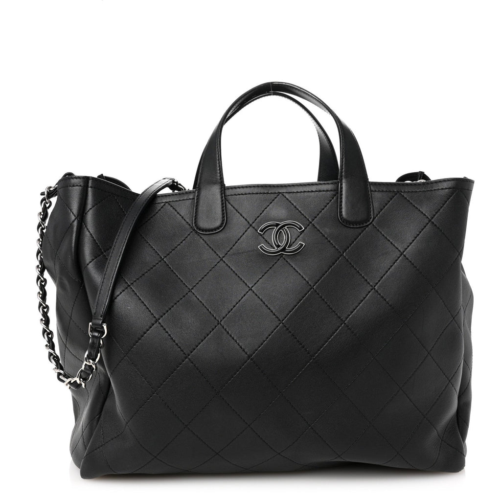 Calfskin Stitched Large Lady Coco Shopping Tote Black