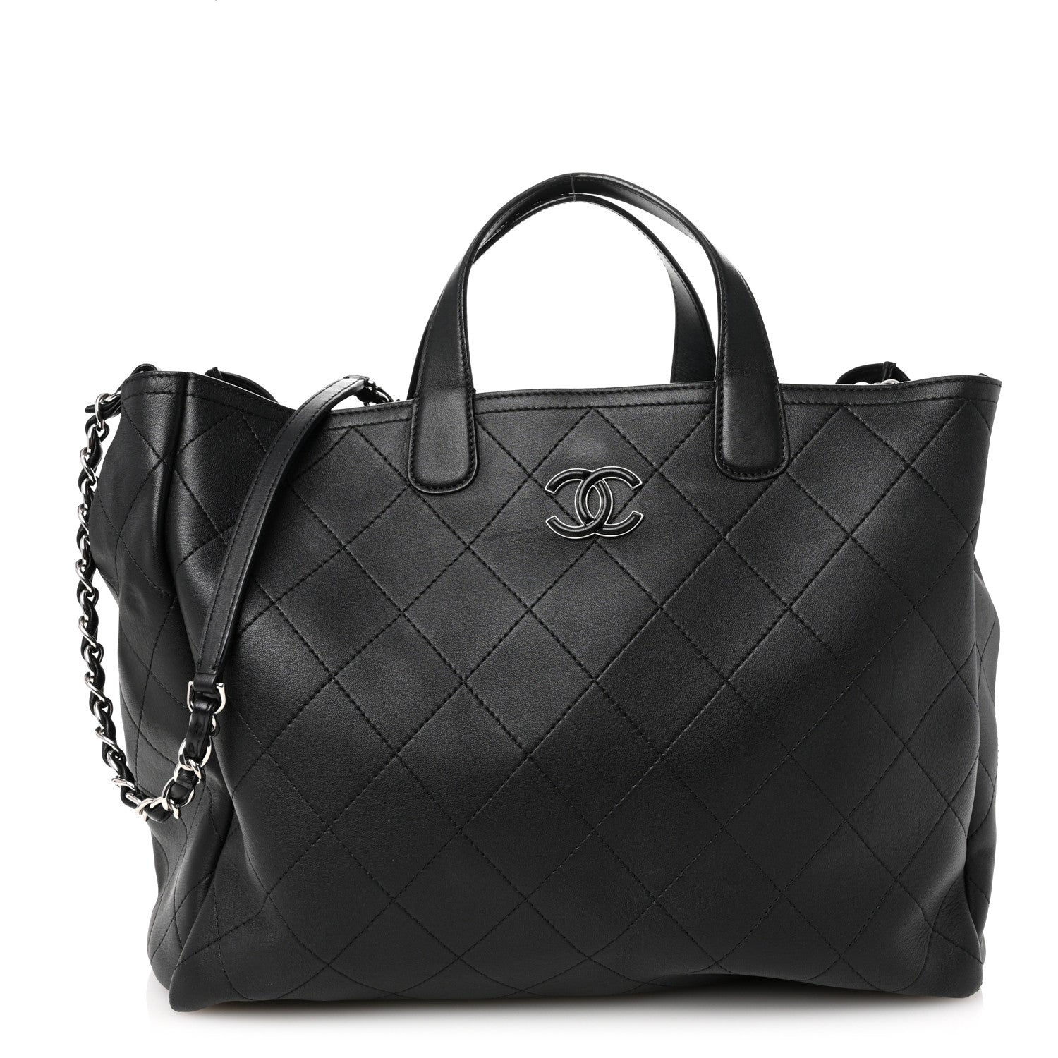 Calfskin Stitched Large Lady Coco Shopping Tote Black