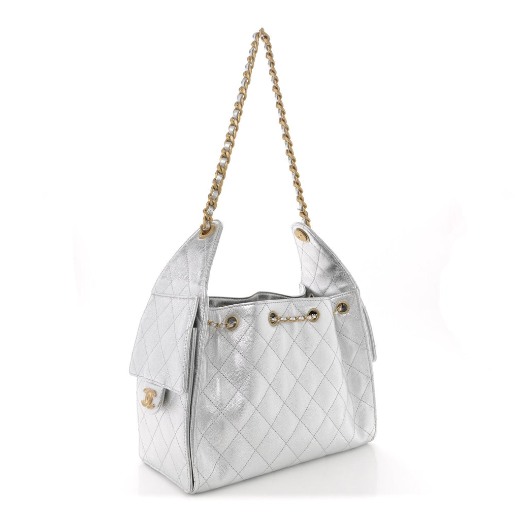Metallic Caviar Quilted Small Chanel 25 Hobo Silver