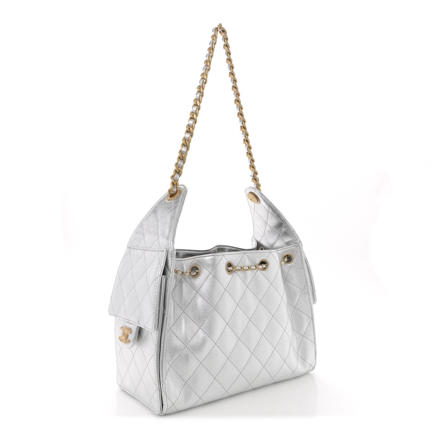 Metallic Caviar Quilted Small Chanel 25 Hobo Silver