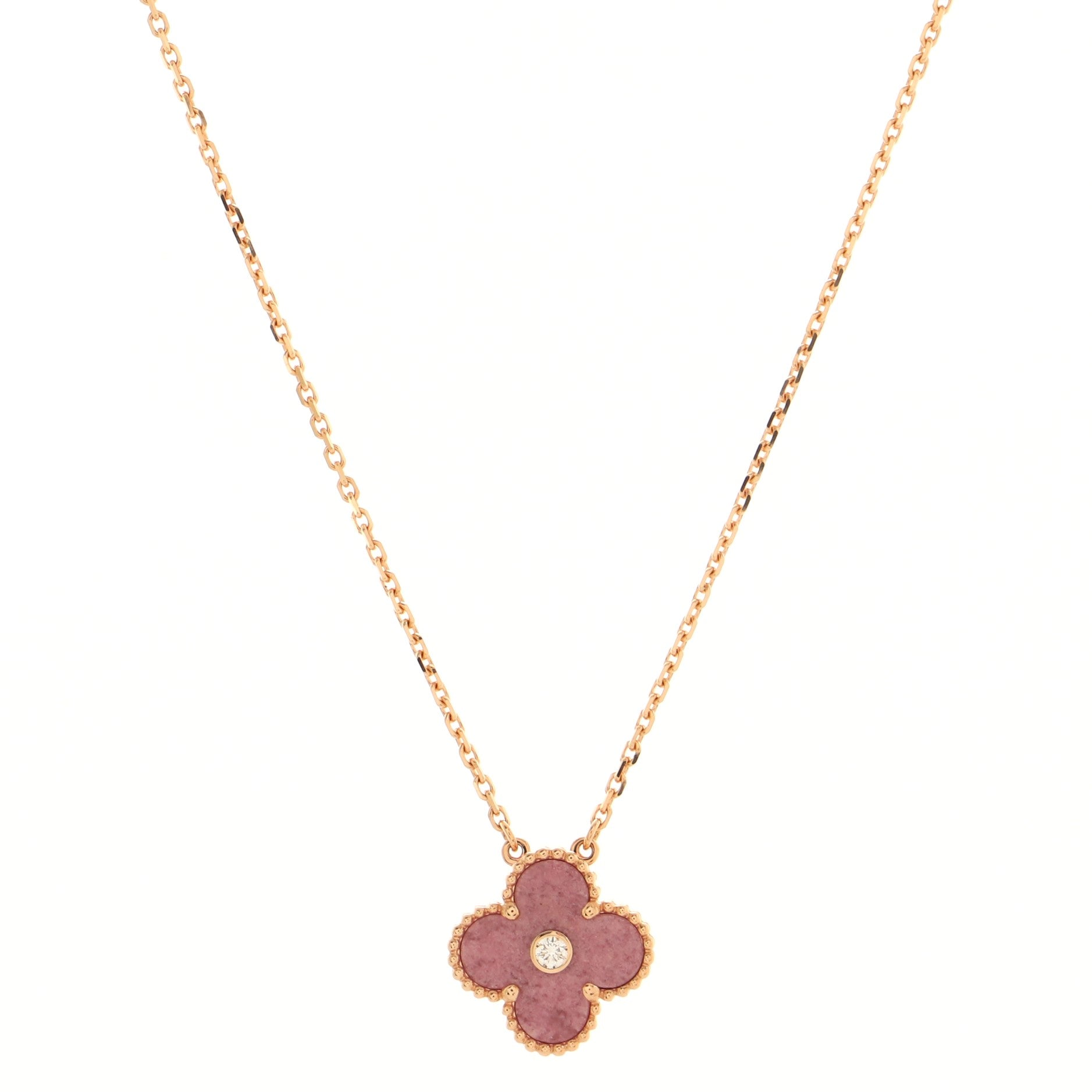 Vintage Alhambra Pendant Necklace 18K Rose Gold and Rhodonite with Diamond