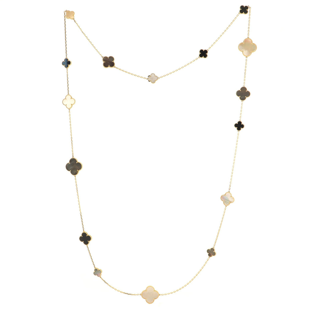 Magic Alhambra 16 Motifs Long Necklace 18K Yellow Gold with Mother of Pearl and Onyx
