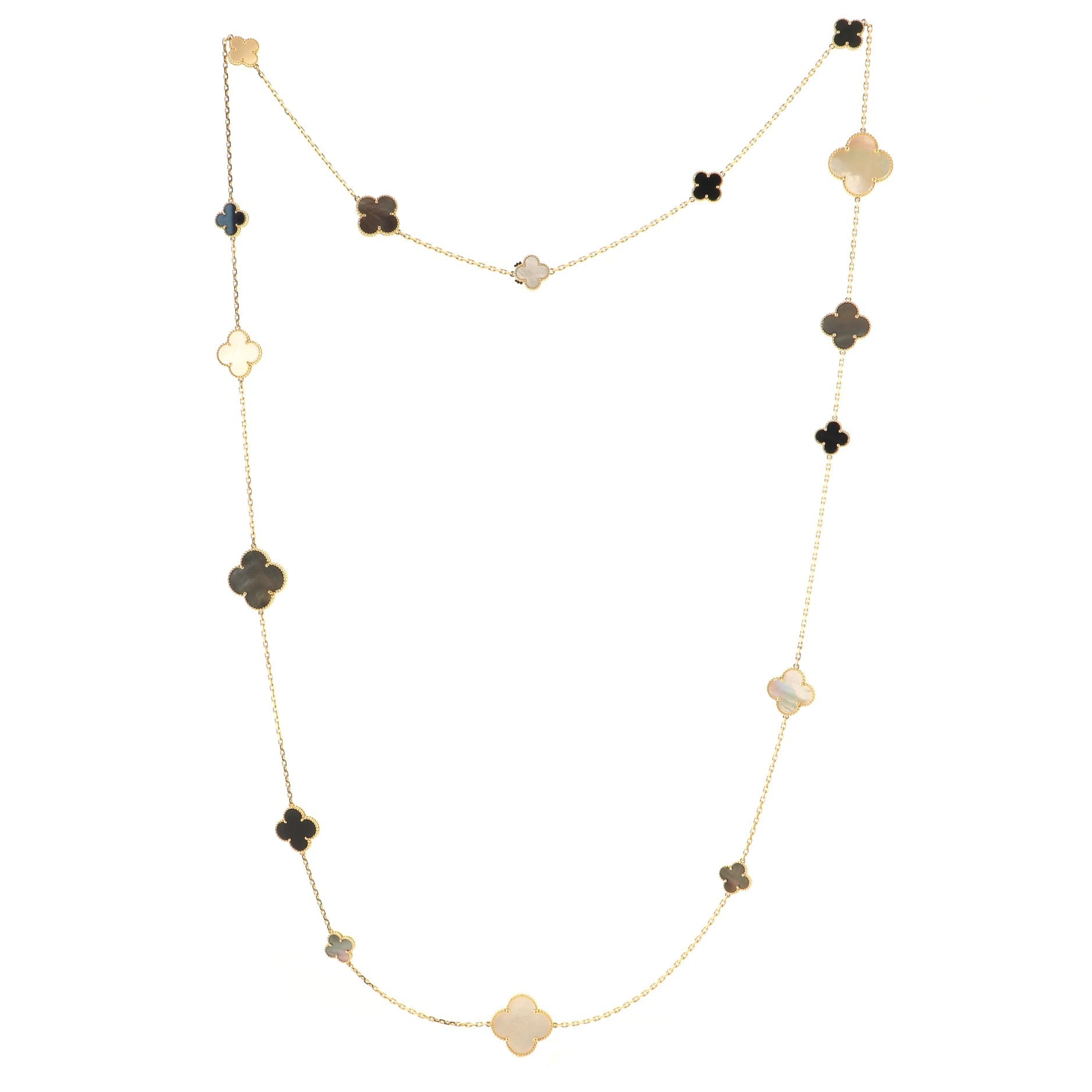 Magic Alhambra 16 Motifs Long Necklace 18K Yellow Gold with Mother of Pearl and Onyx