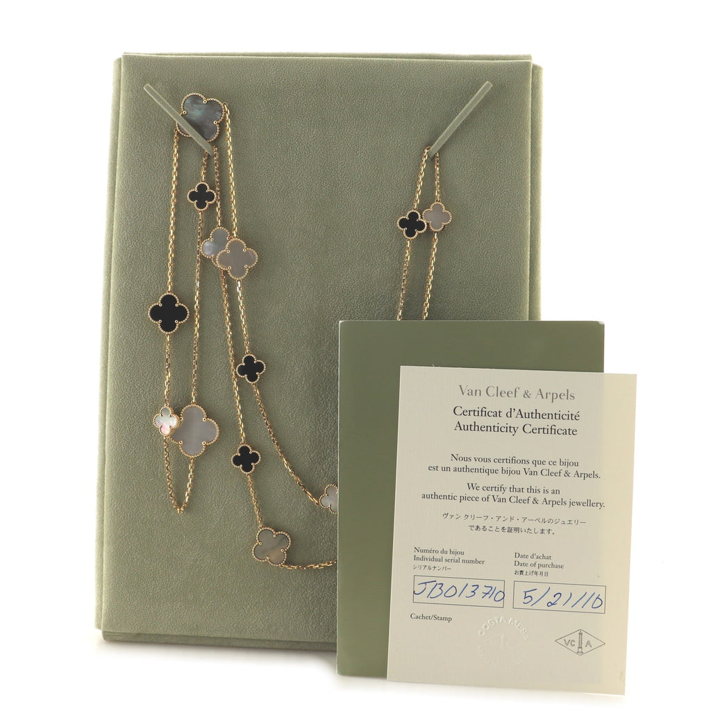 Magic Alhambra 16 Motifs Long Necklace 18K Yellow Gold with Mother of Pearl and Onyx