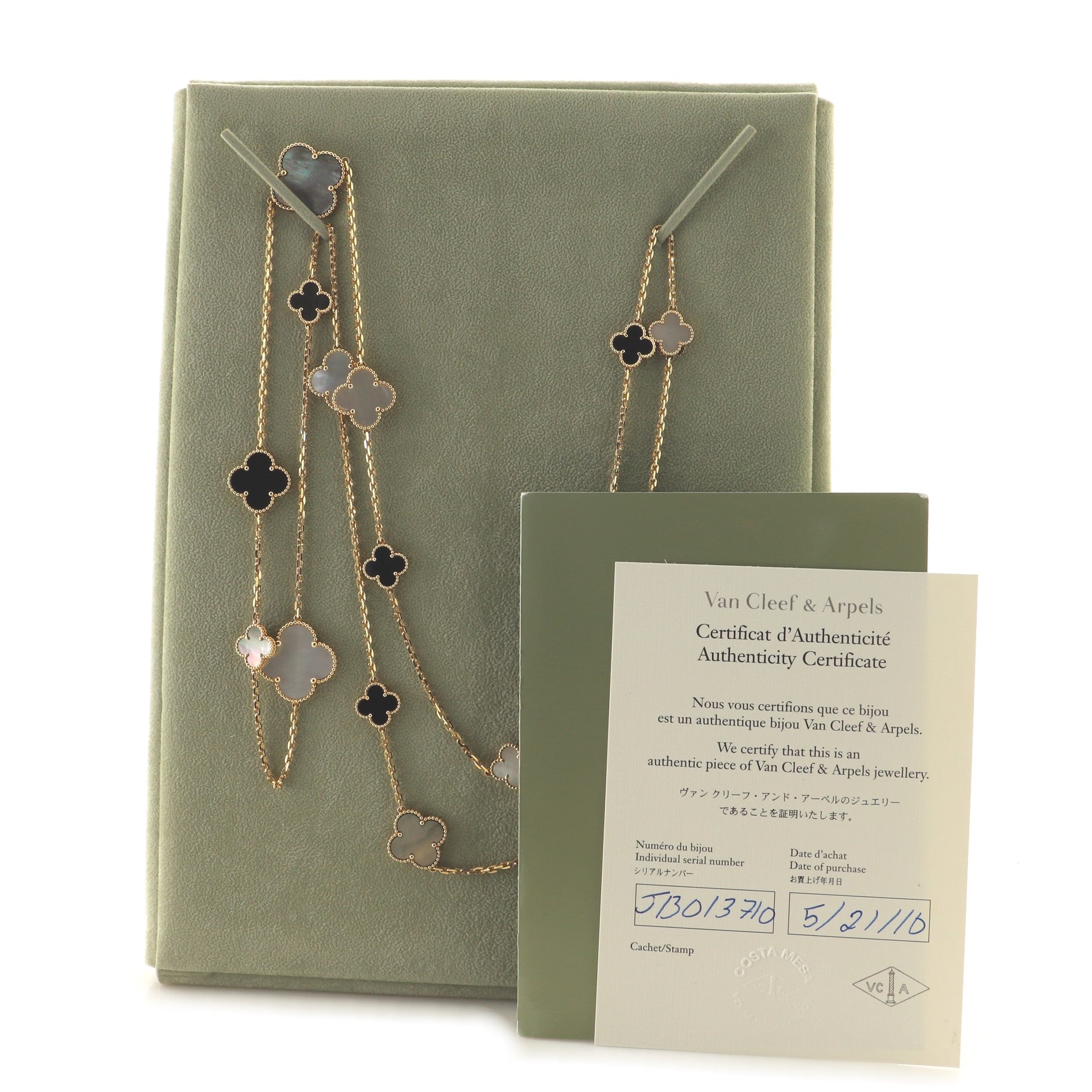 Magic Alhambra 16 Motifs Long Necklace 18K Yellow Gold with Mother of Pearl and Onyx