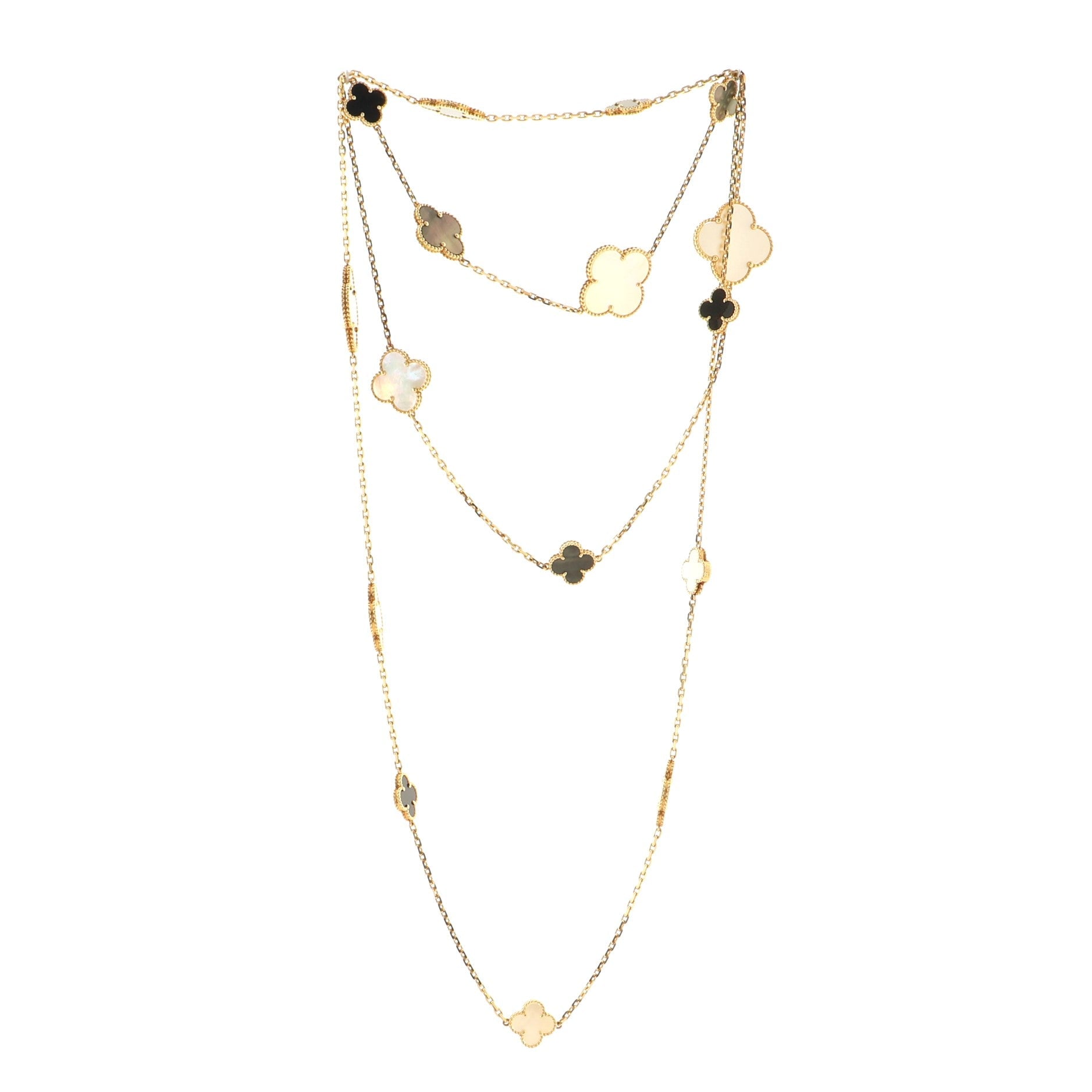 Magic Alhambra 16 Motifs Long Necklace 18K Yellow Gold with Mother of Pearl and Onyx