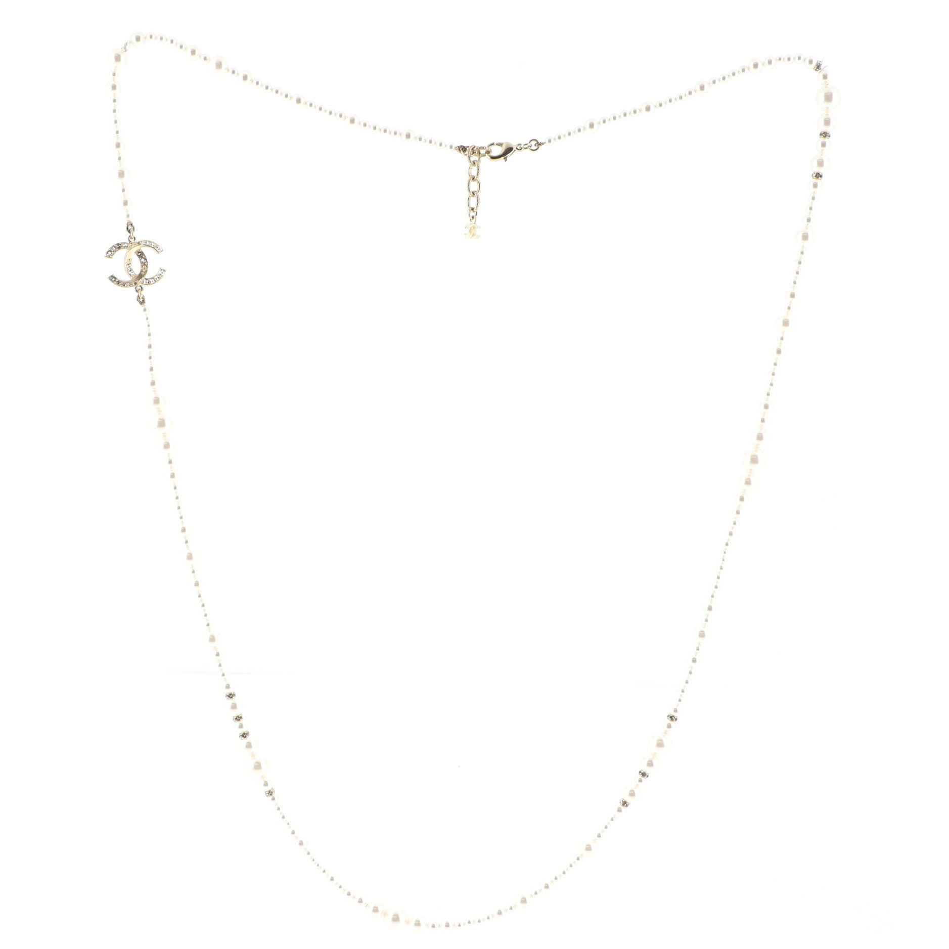 CC Baguette Long Necklace Faux Pearls and Crystal Embellished Metal
