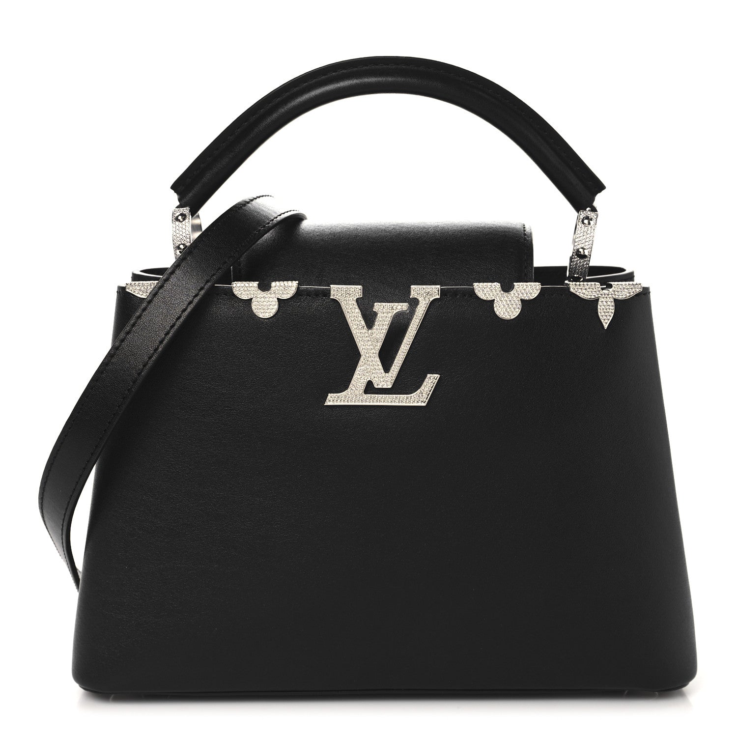 Smooth Calfskin Crystal Flowers Capucines BB Black