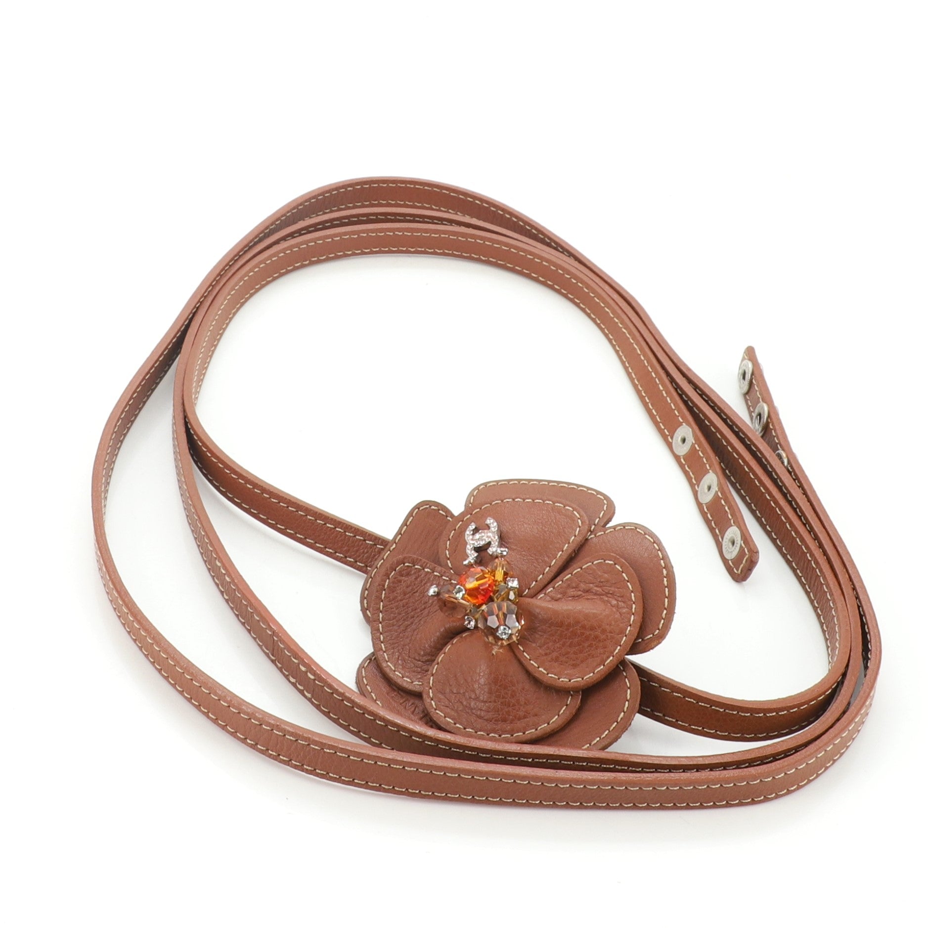 Camellia CC double Strand Belt Leather with Crystals and Beads Thin 90
