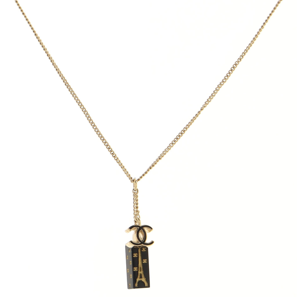 Vintage CC Eiffel Tower Pendant Necklace Metal with Enamel