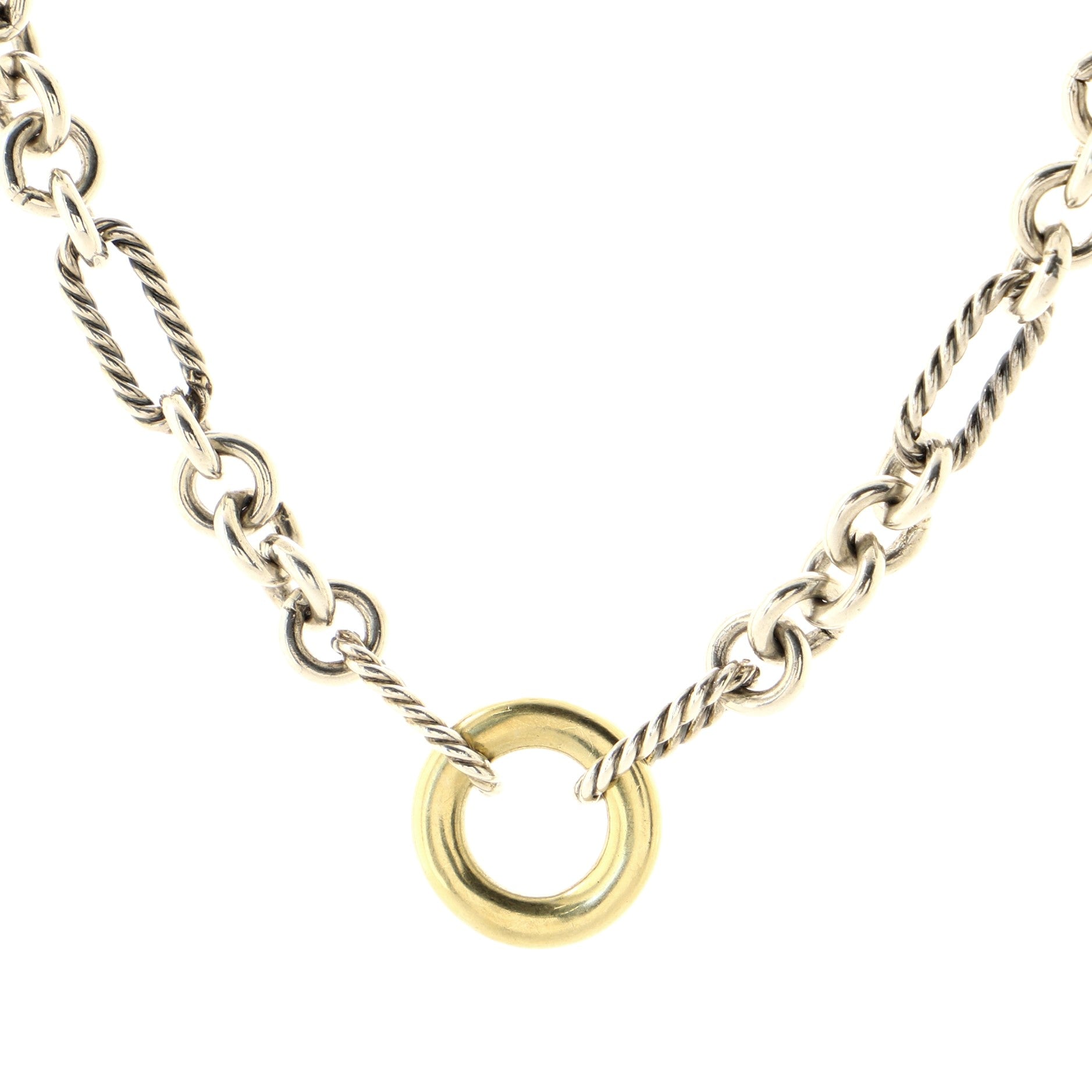 Figaro Round Donut Pendant Necklace Sterling Silver and 18K Yellow Gold