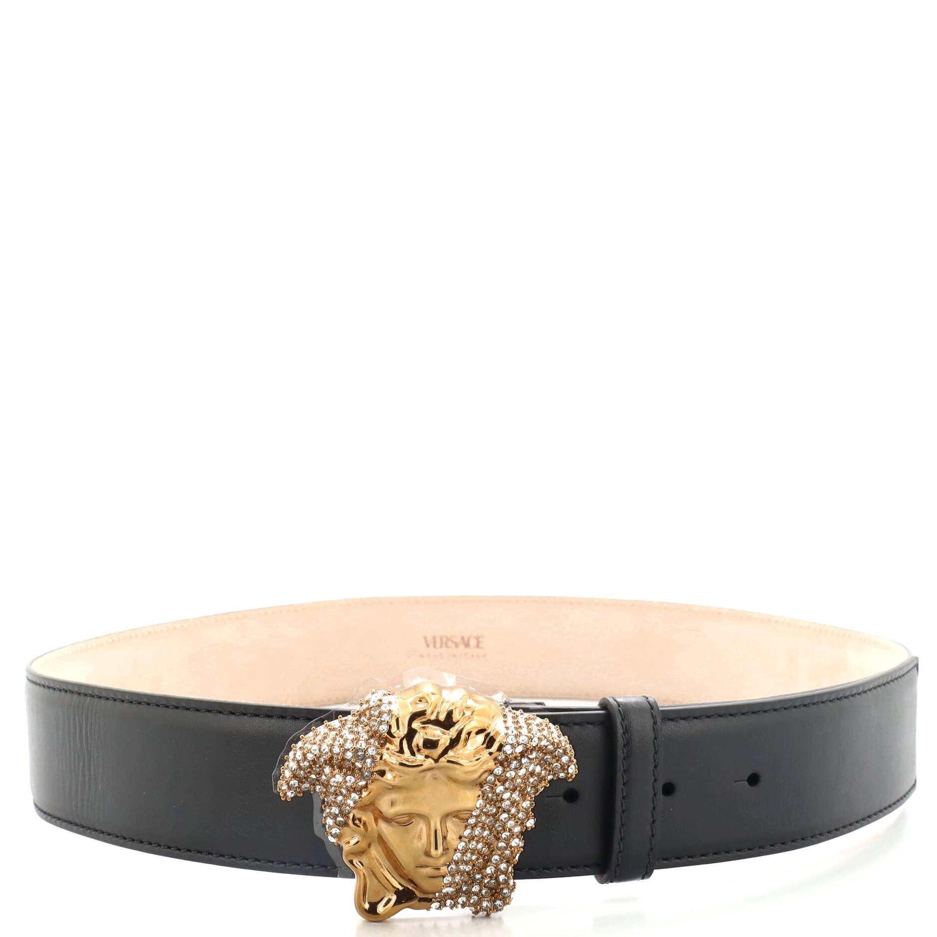 Medusa Buckle Belt Leather with Crystal Detail Wide 90
