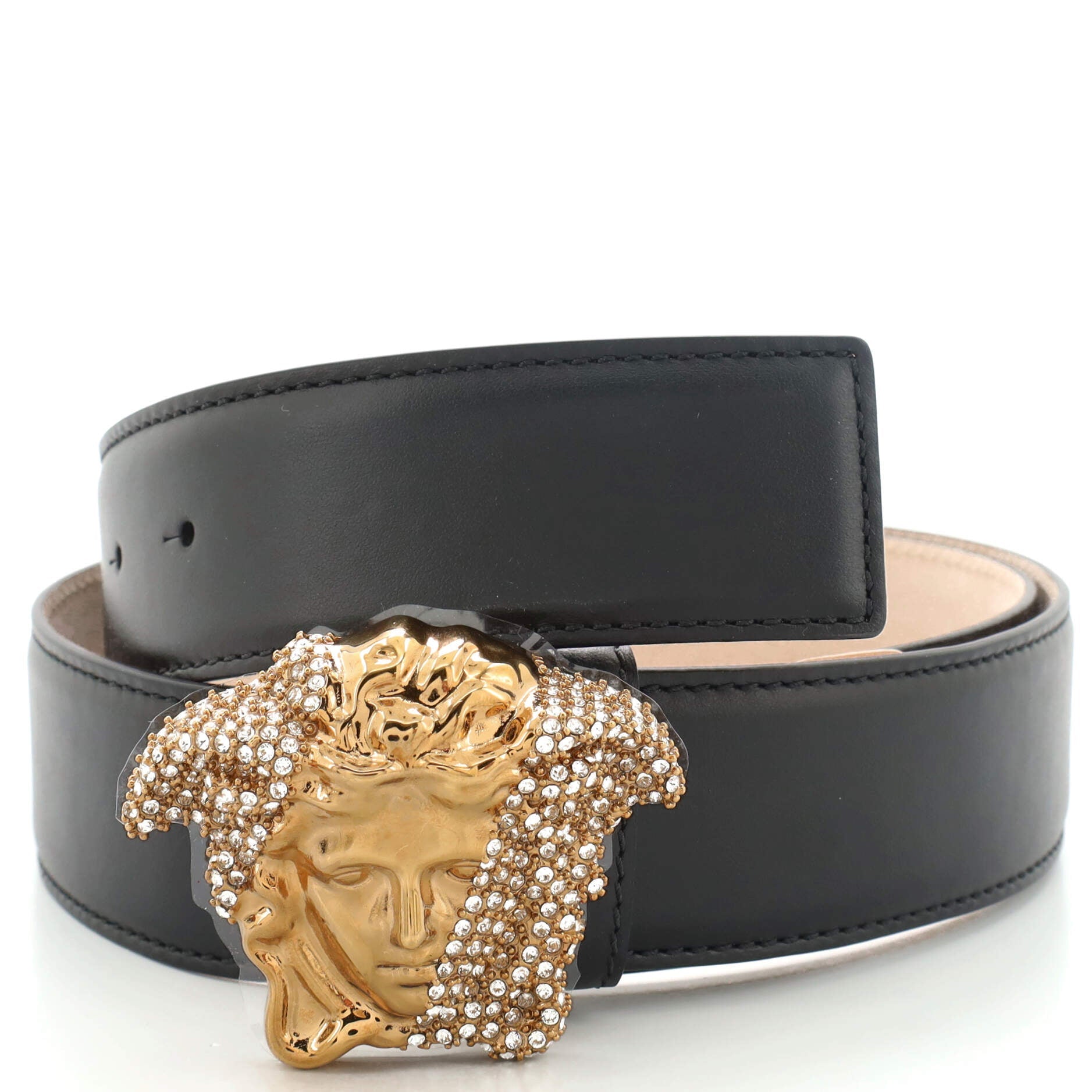 Medusa Buckle Belt Leather with Crystal Detail Wide 90