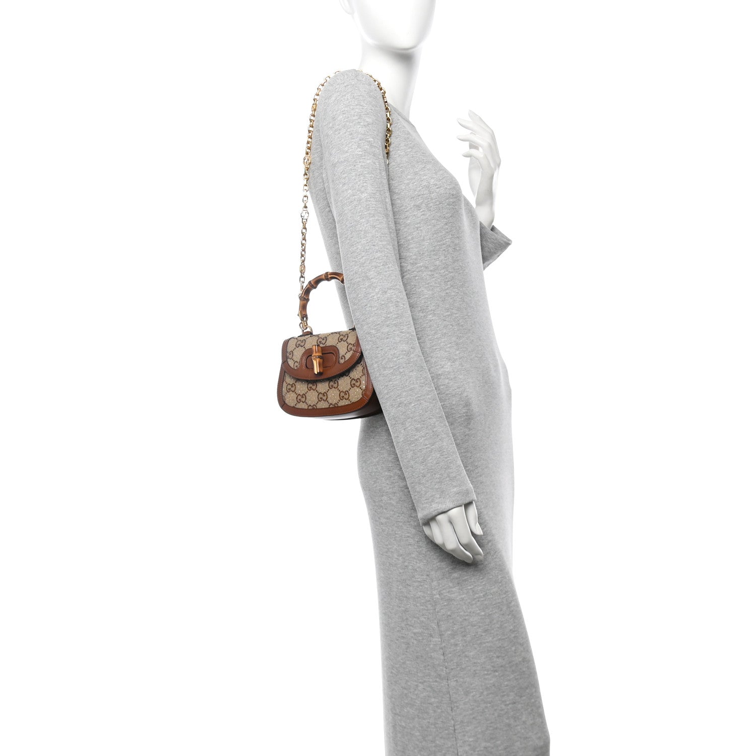 New Canvas Charisma Calfskin Crystal GG Monogram Small Bamboo 1947 Top Handle Bag Camel Ebony