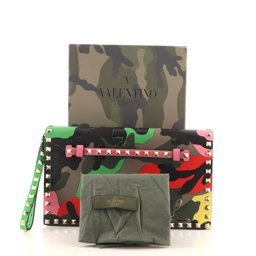 Rockstud Flap Clutch Camo Leather and Canvas