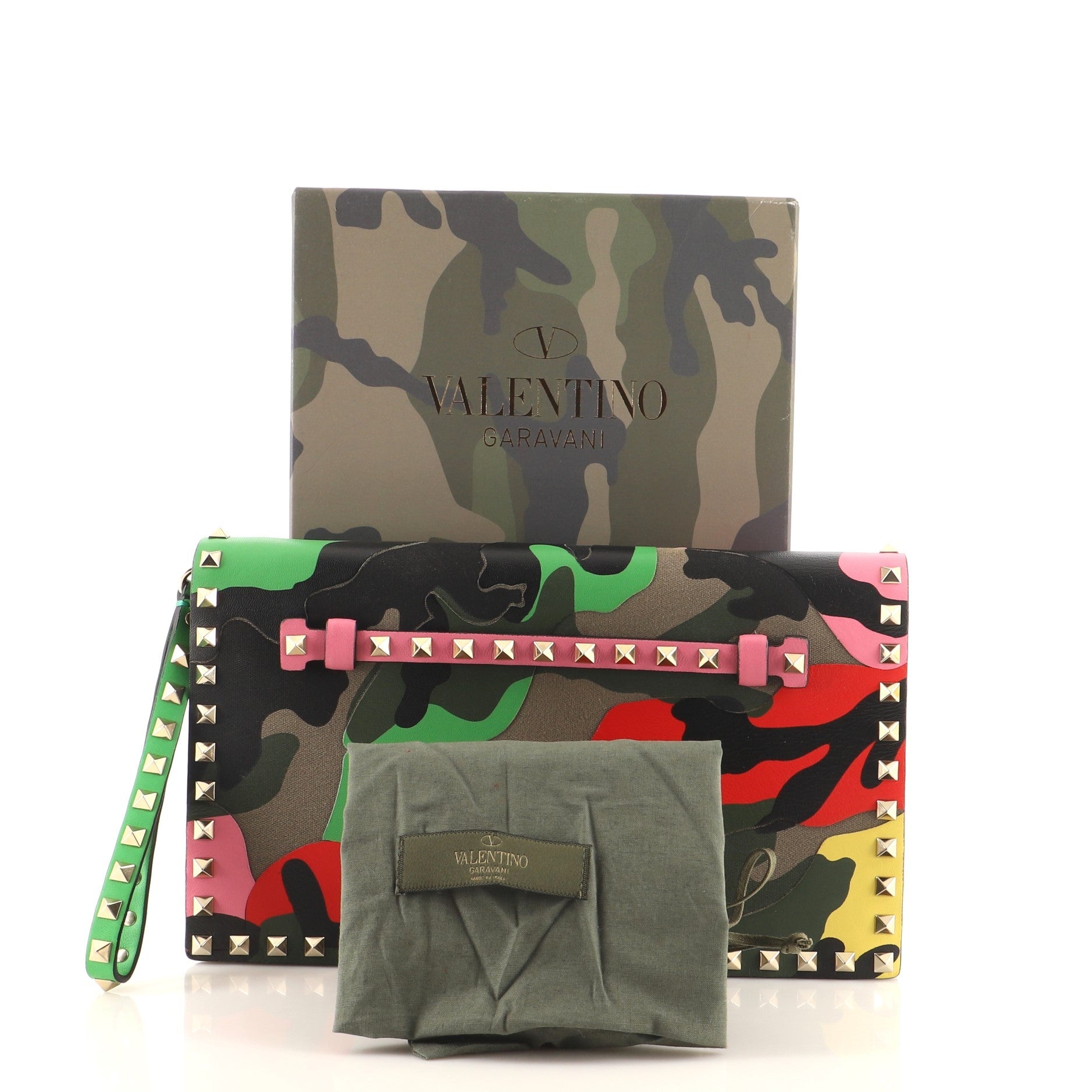 Rockstud Flap Clutch Camo Leather and Canvas
