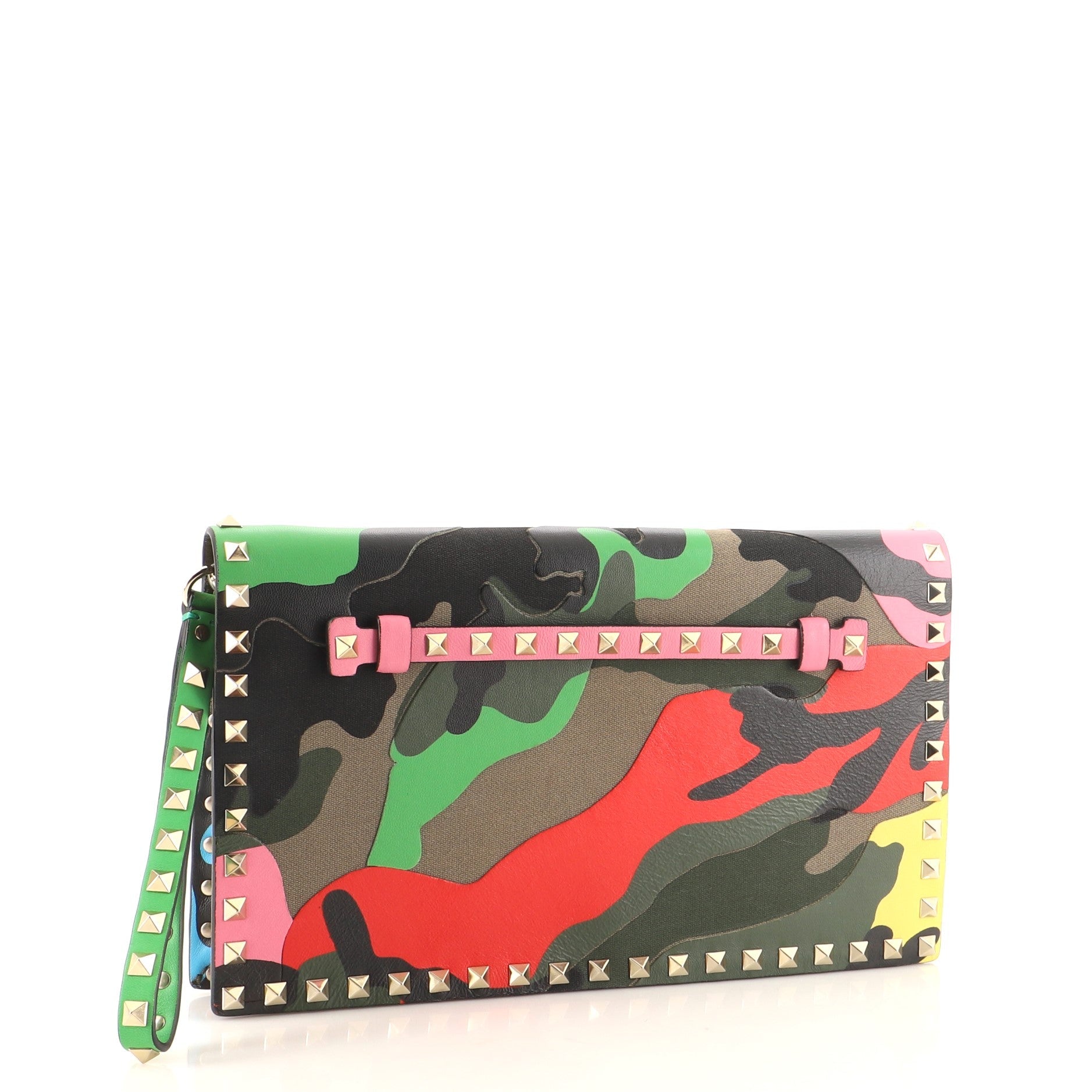Rockstud Flap Clutch Camo Leather and Canvas