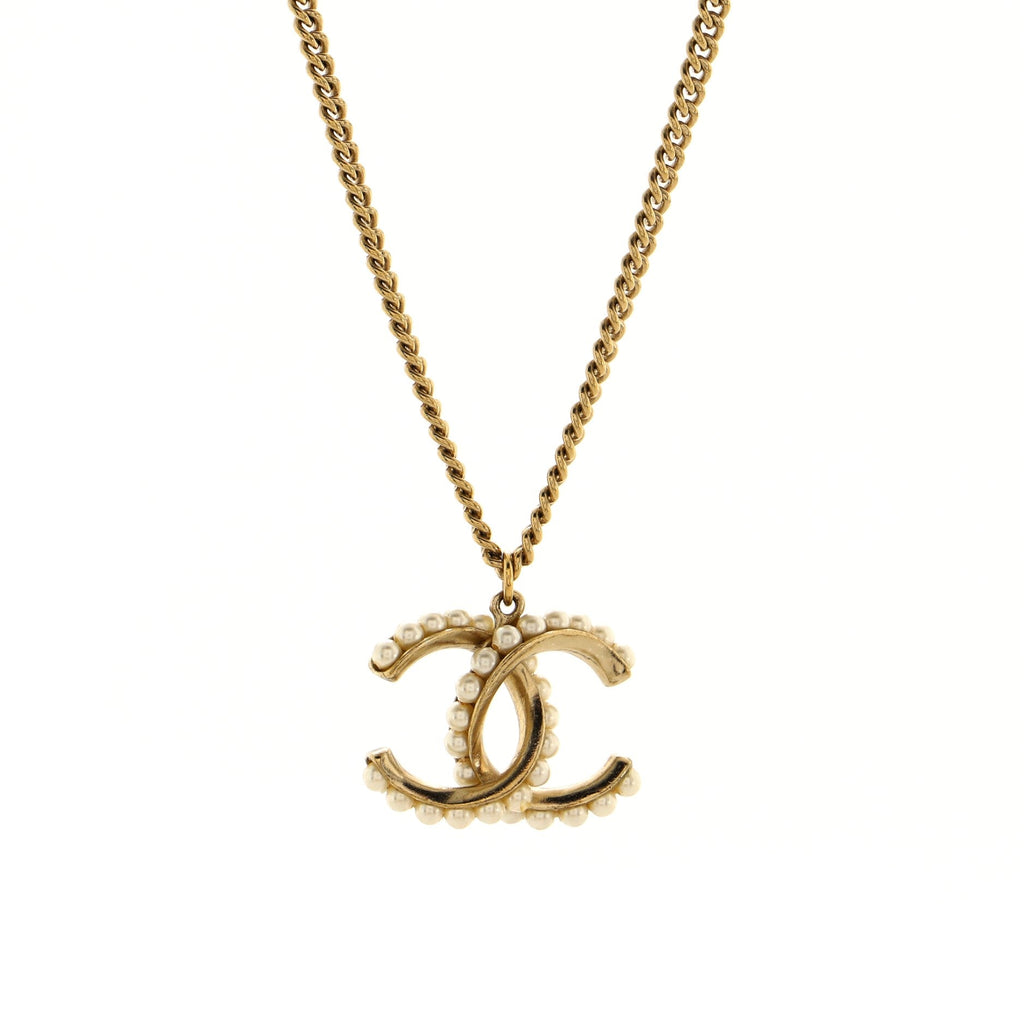 CC Pendant Long Necklace Metal with Faux Pearl