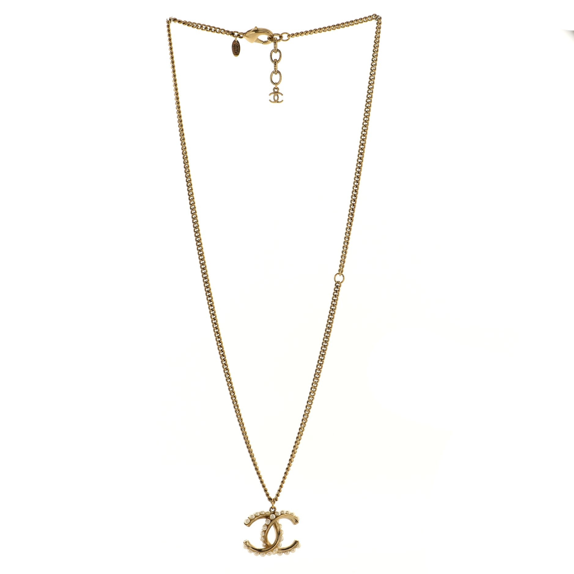 CC Pendant Long Necklace Metal with Faux Pearl