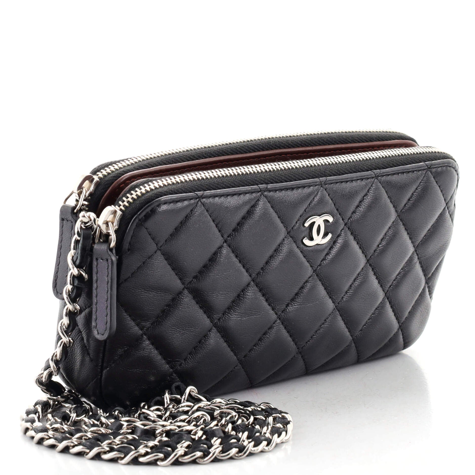 Double Zip Clutch with Chain Quilted Lambskin