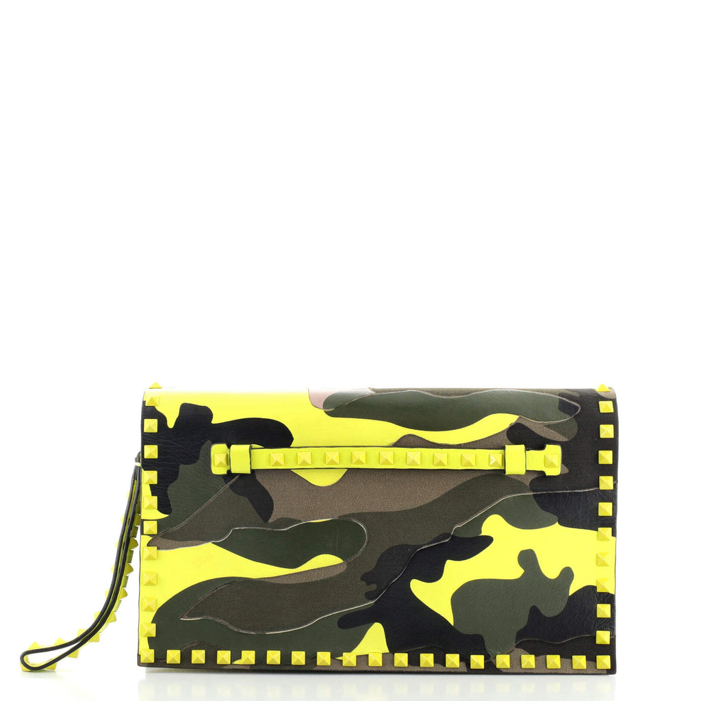 Rockstud Flap Clutch Camo Leather and Canvas