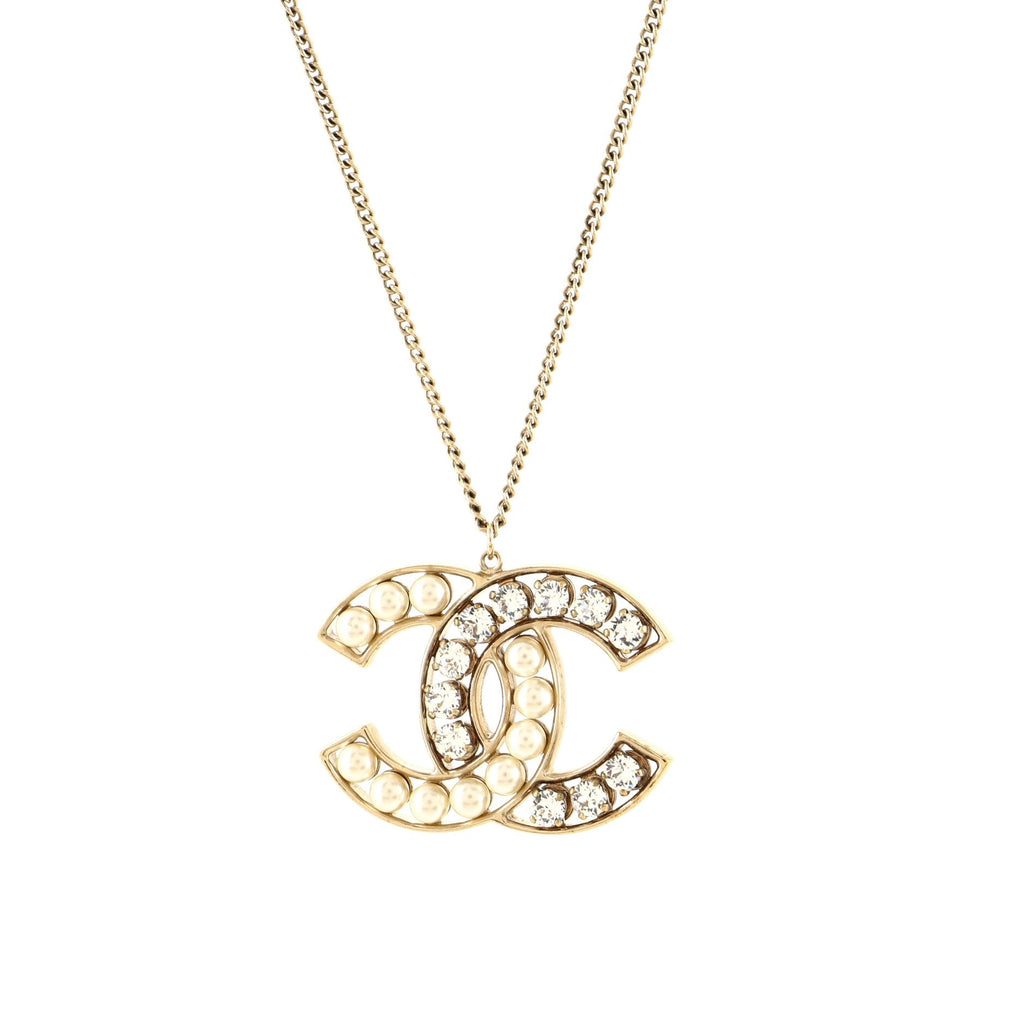 CC Pendant Necklace Metal with Crystals and Faux Pearls