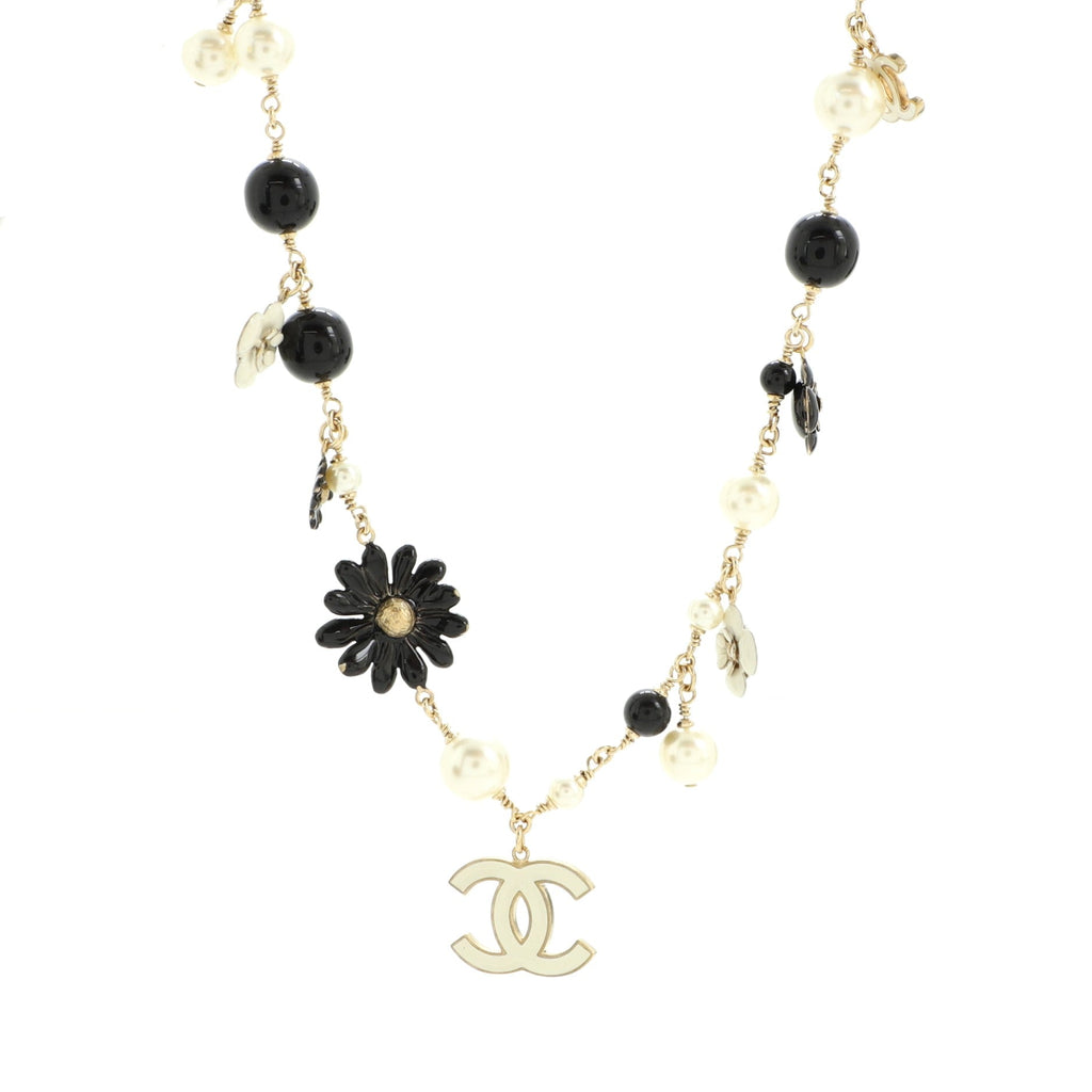CC Flowers Long Necklace Faux Pearls, Beads and Metal with Enamel