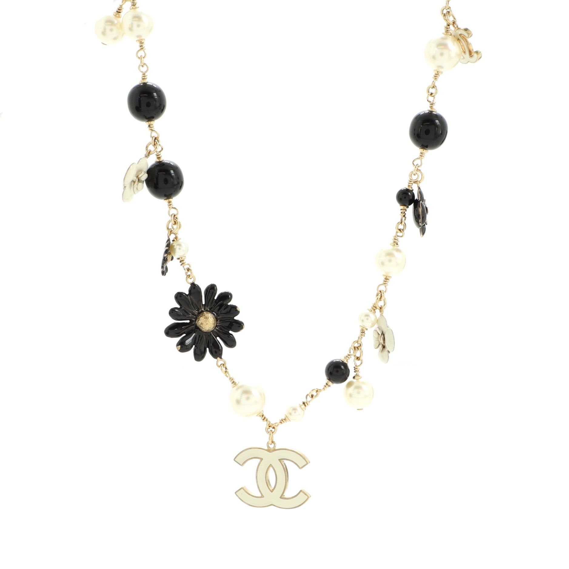 CC Flowers Long Necklace Faux Pearls, Beads and Metal with Enamel