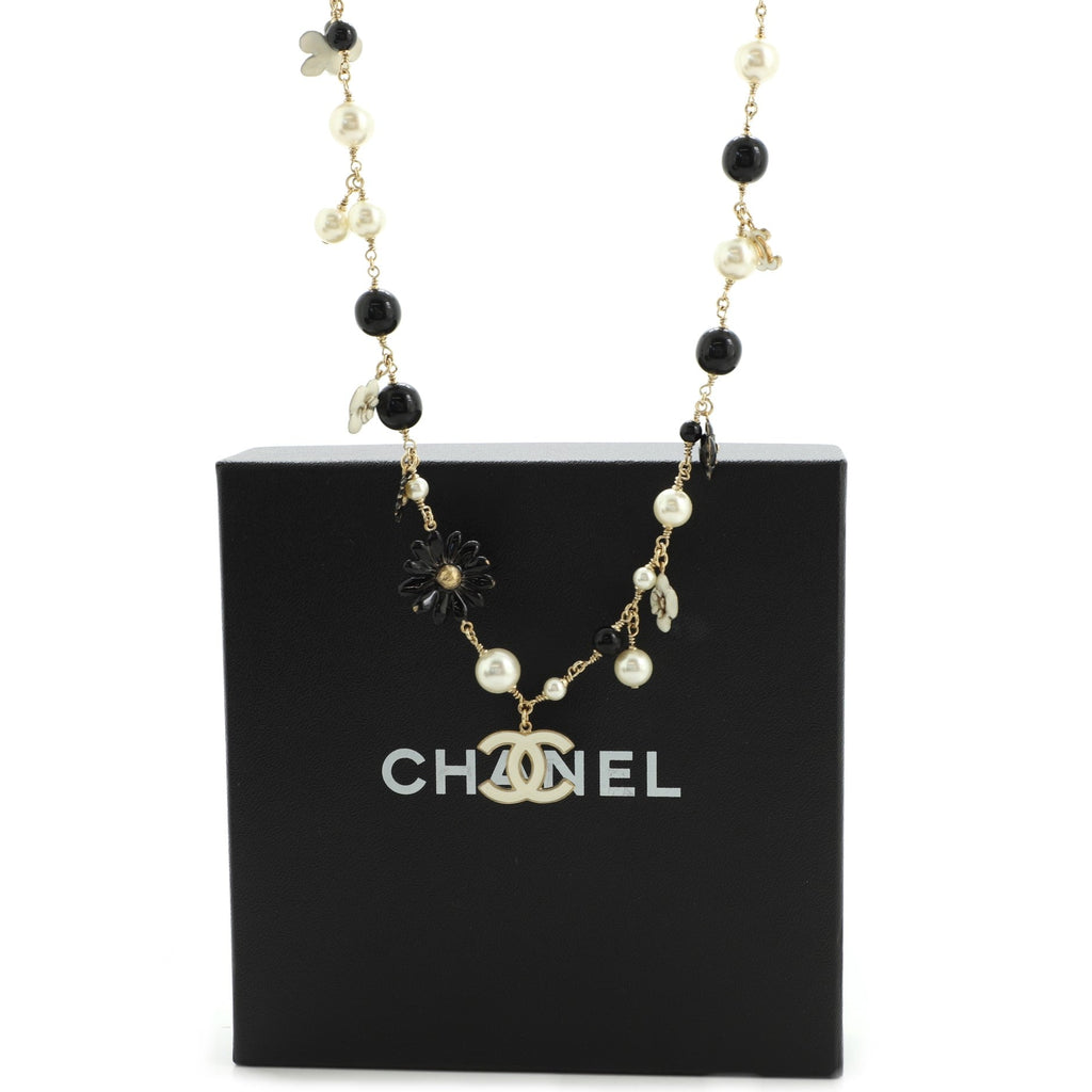 CC Flowers Long Necklace Faux Pearls, Beads and Metal with Enamel
