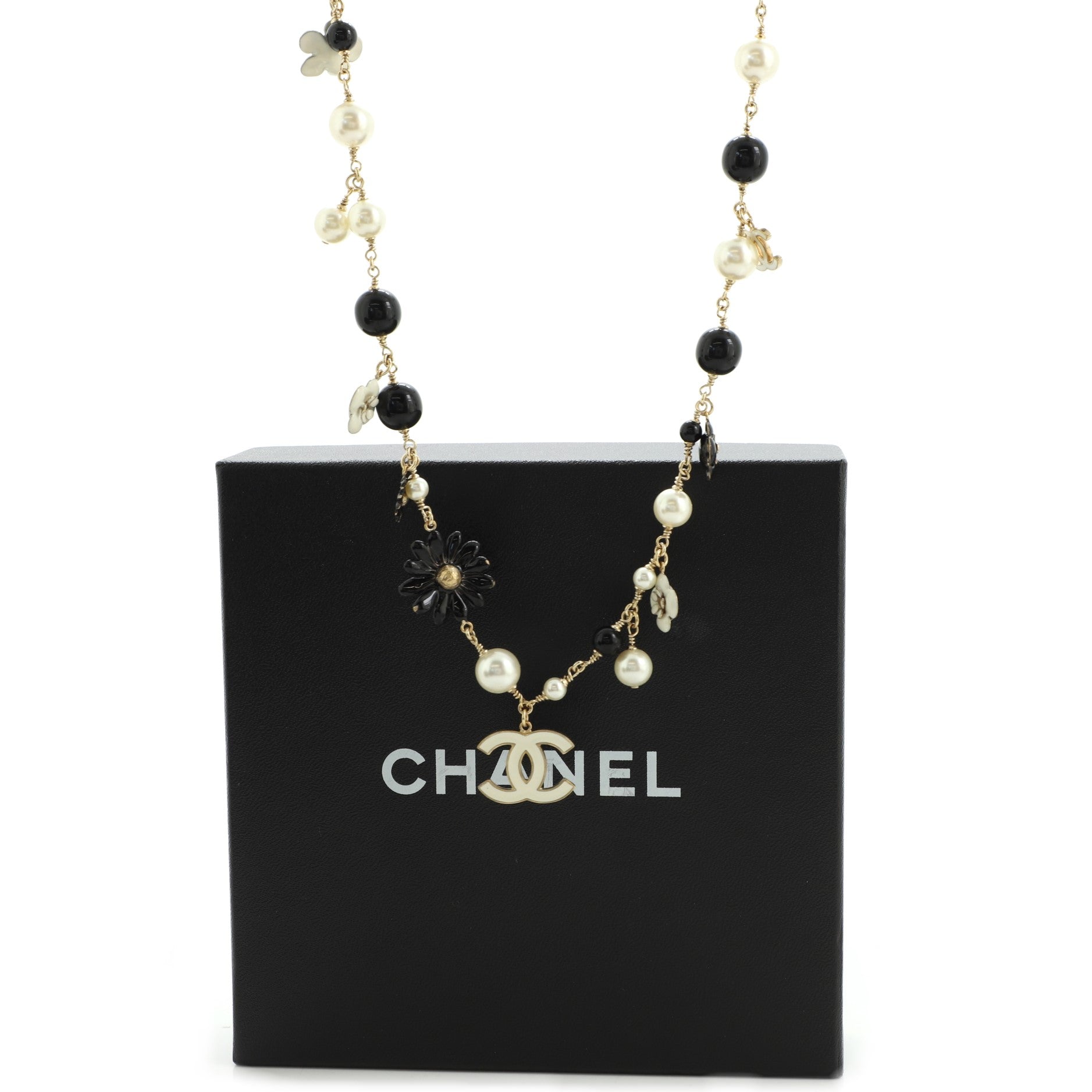 CC Flowers Long Necklace Faux Pearls, Beads and Metal with Enamel