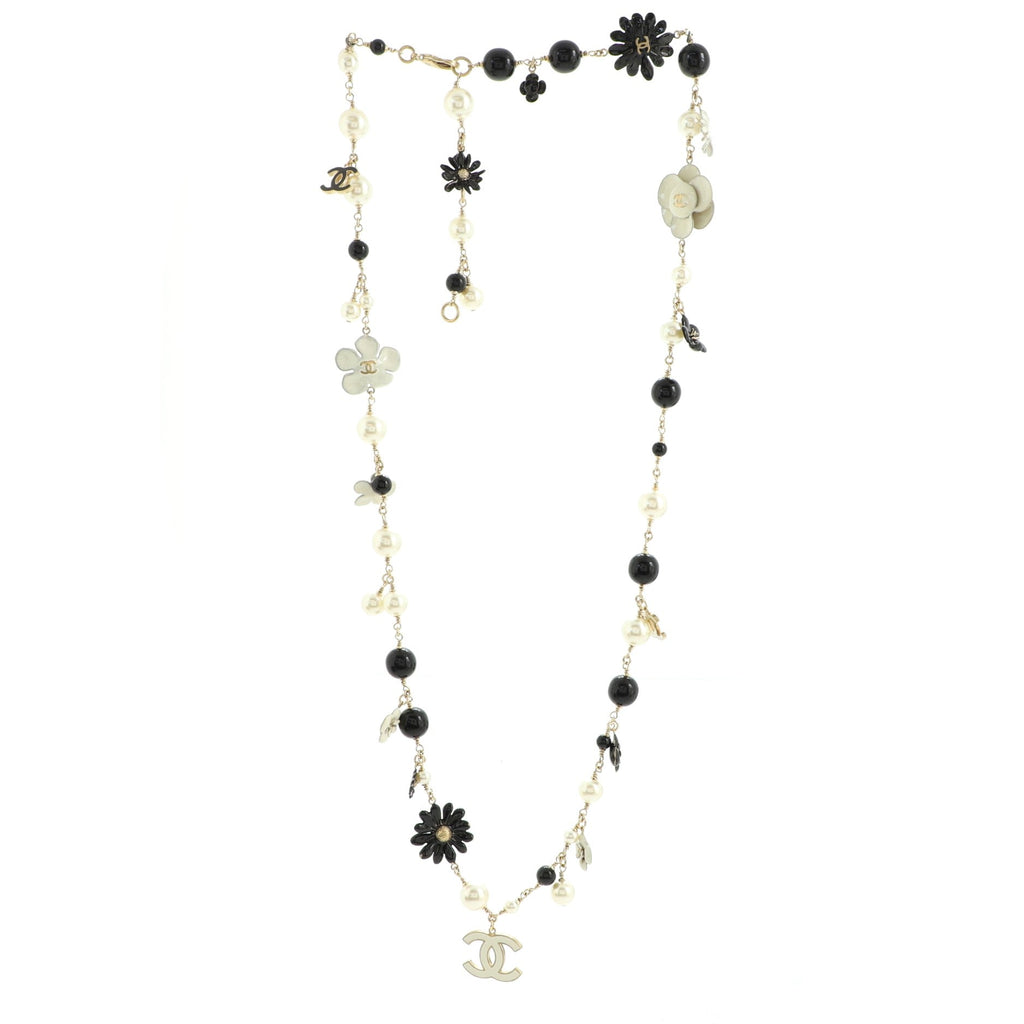CC Flowers Long Necklace Faux Pearls, Beads and Metal with Enamel