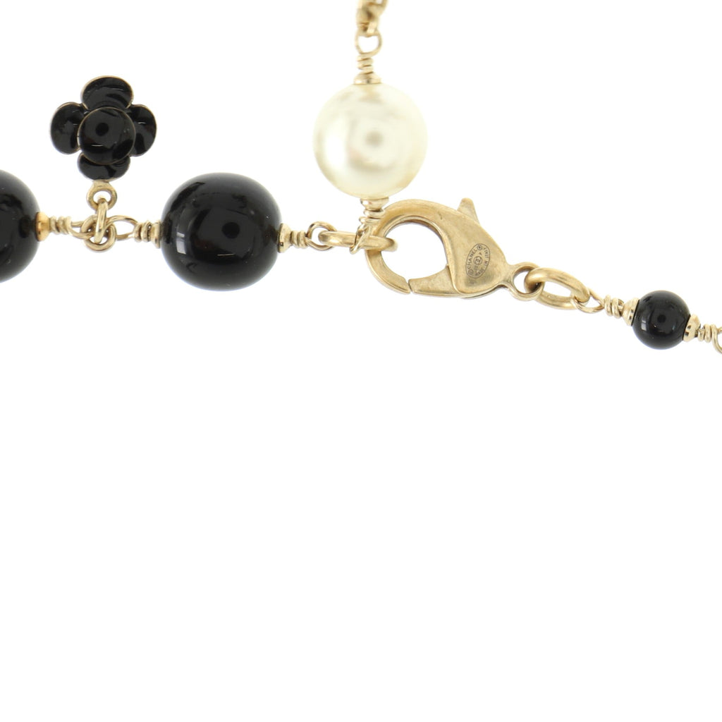 CC Flowers Long Necklace Faux Pearls, Beads and Metal with Enamel
