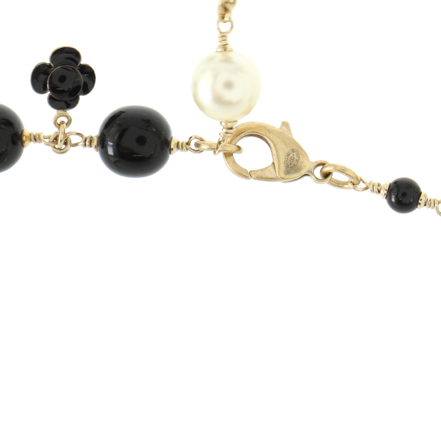 CC Flowers Long Necklace Faux Pearls, Beads and Metal with Enamel