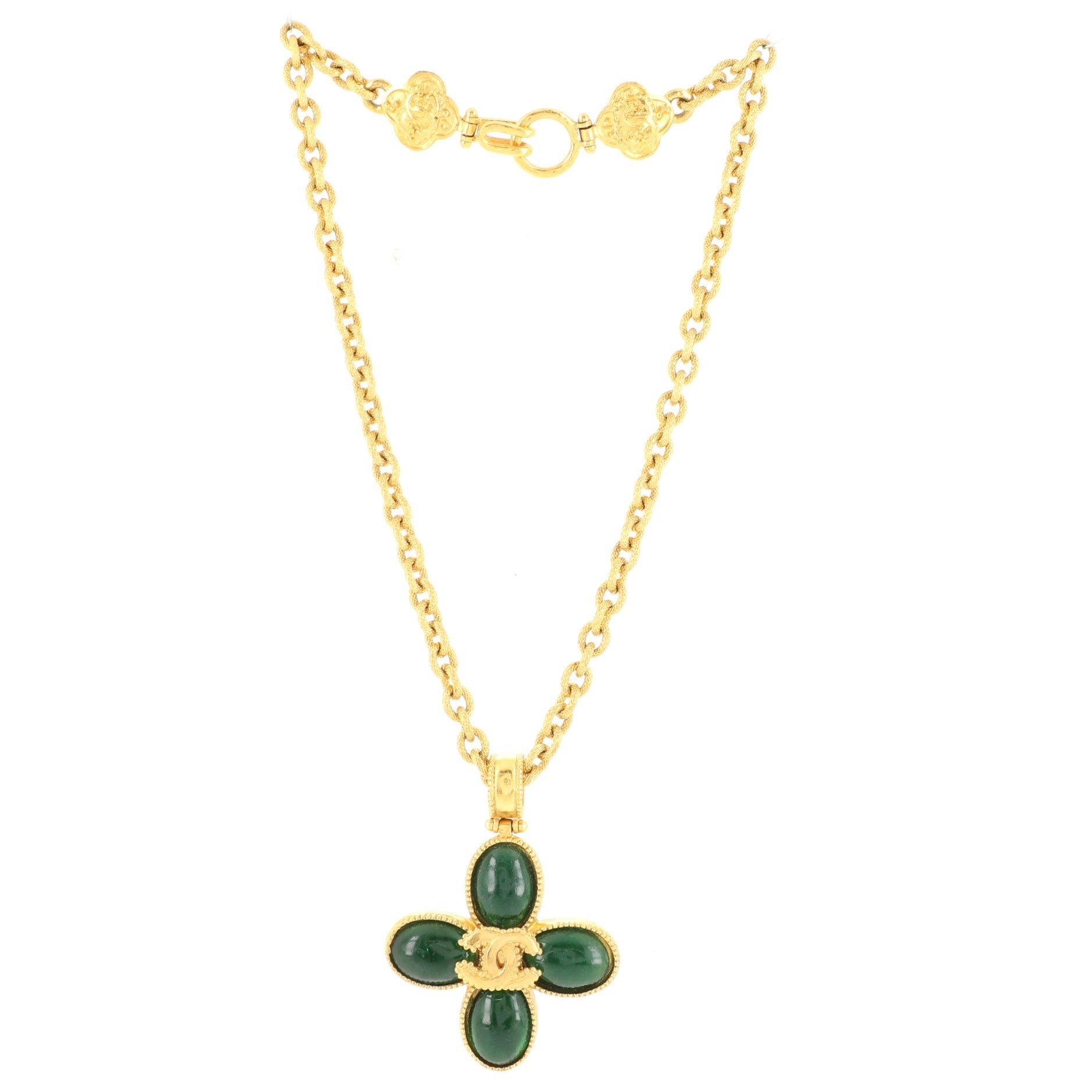 Vintage Clover Pendant Necklace Metal with Gripoix