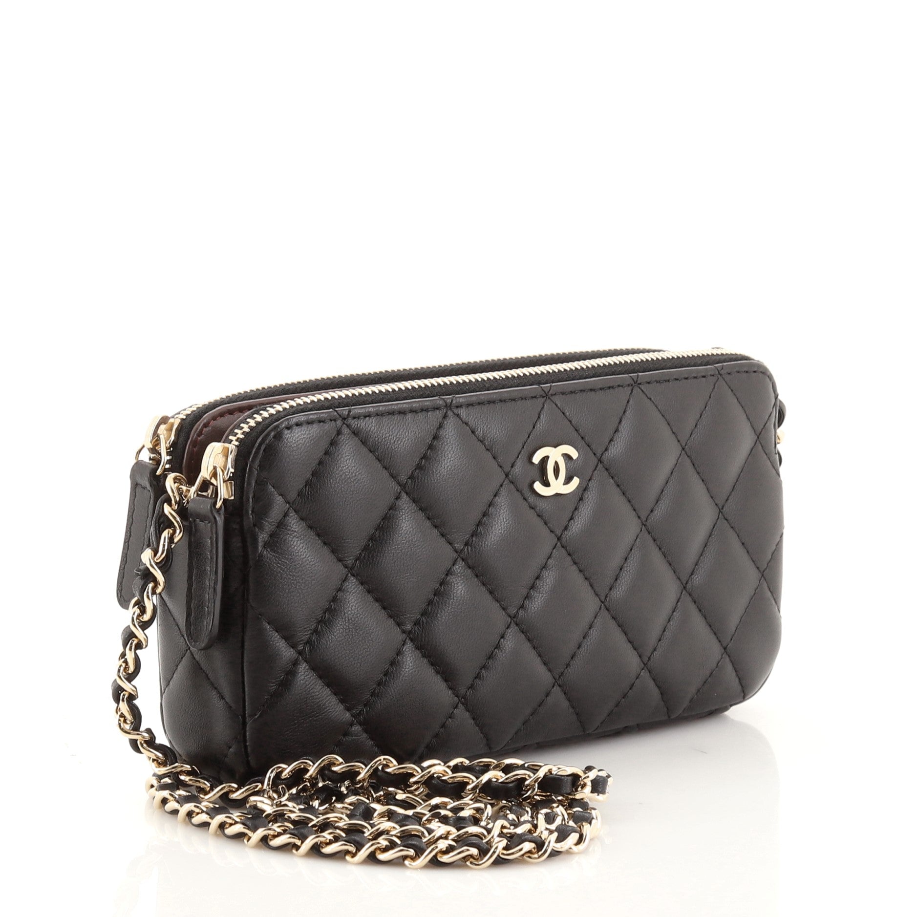 Double Zip Clutch with Chain Quilted Lambskin