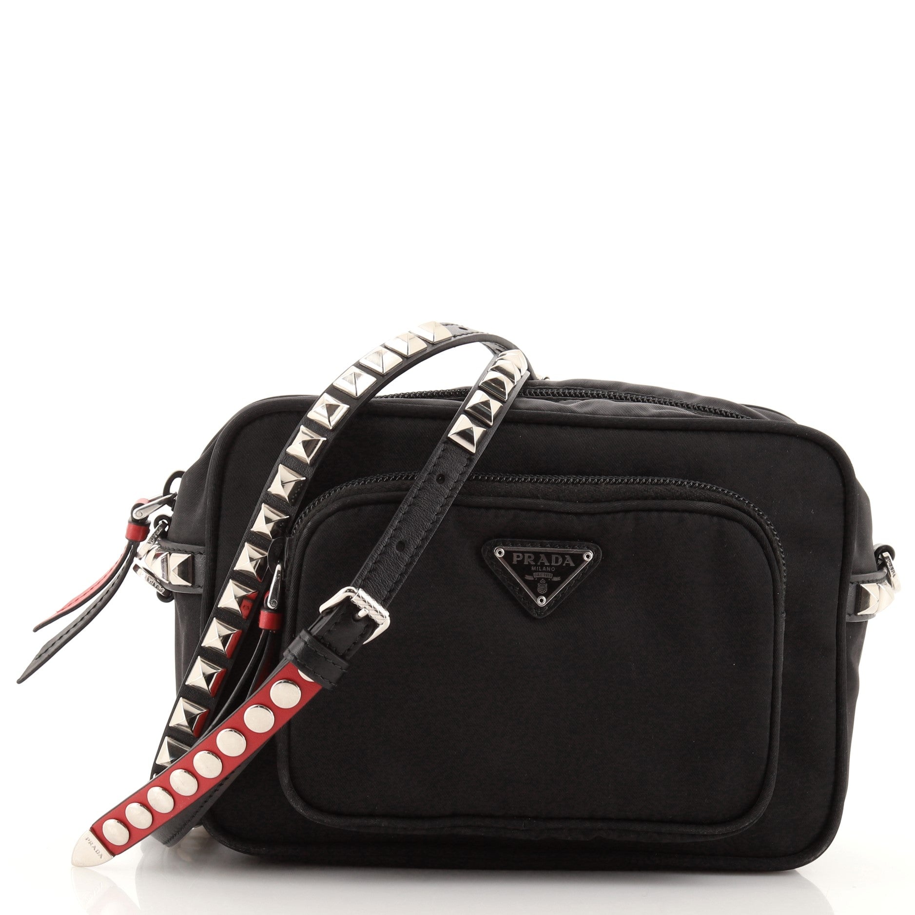 New Vela Front Pocket Crossbody Bag Tessuto with Studded Leather Mini
