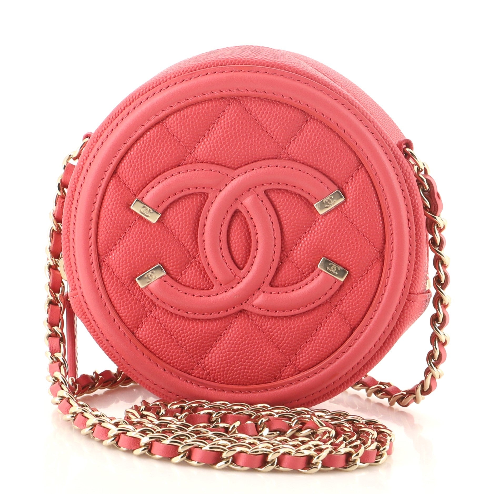 Filigree Round Clutch with Chain Quilted Caviar Mini