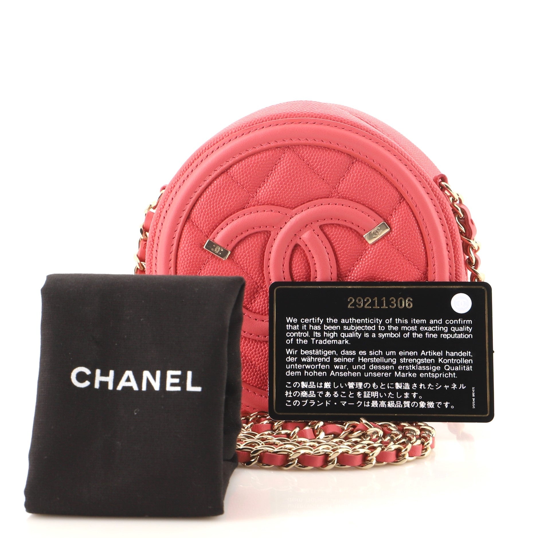 Filigree Round Clutch with Chain Quilted Caviar Mini