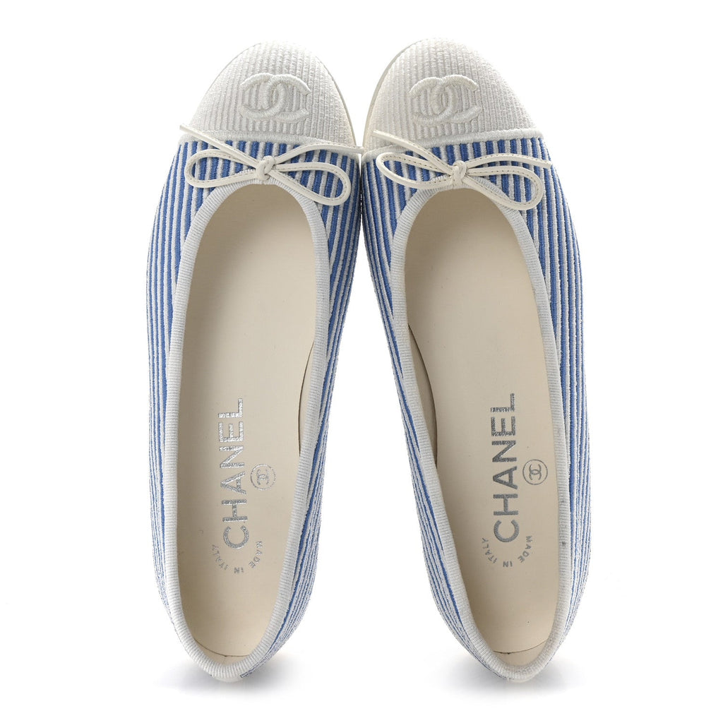 Fabric Grosgrain Cap Toe CC Flats 35 White Blue