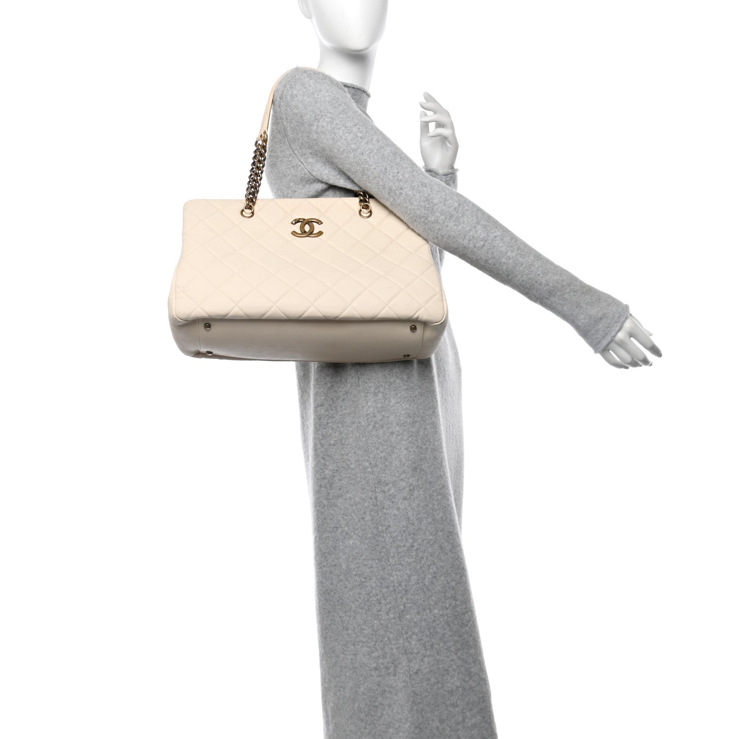 Calfskin Quilted Small Crown Tote Beige
